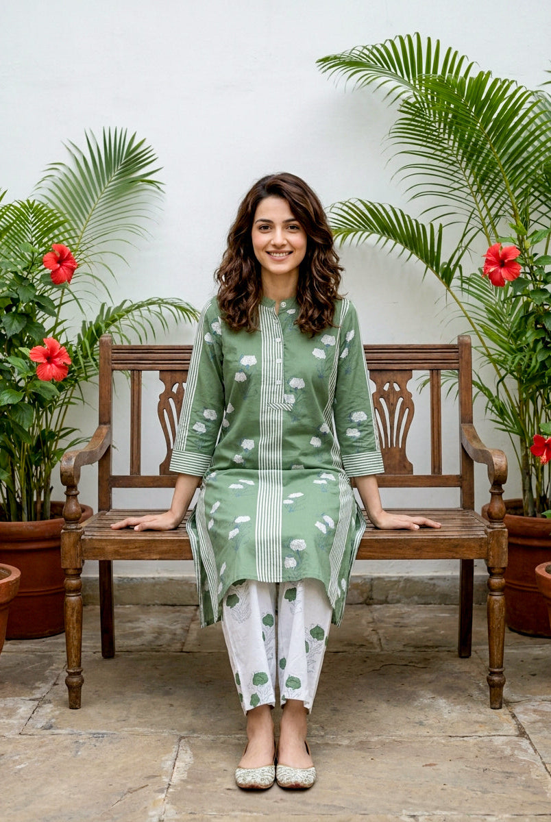 Sage Green Floral Handblock Cotton Co-ord Set with White Palazzo — styled look