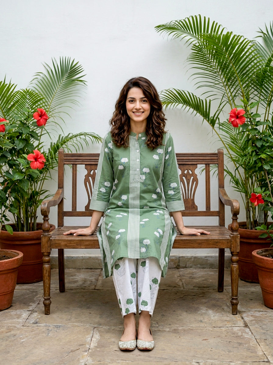 Sage Green Floral Handblock Cotton Co-ord Set with White Palazzo — styled look