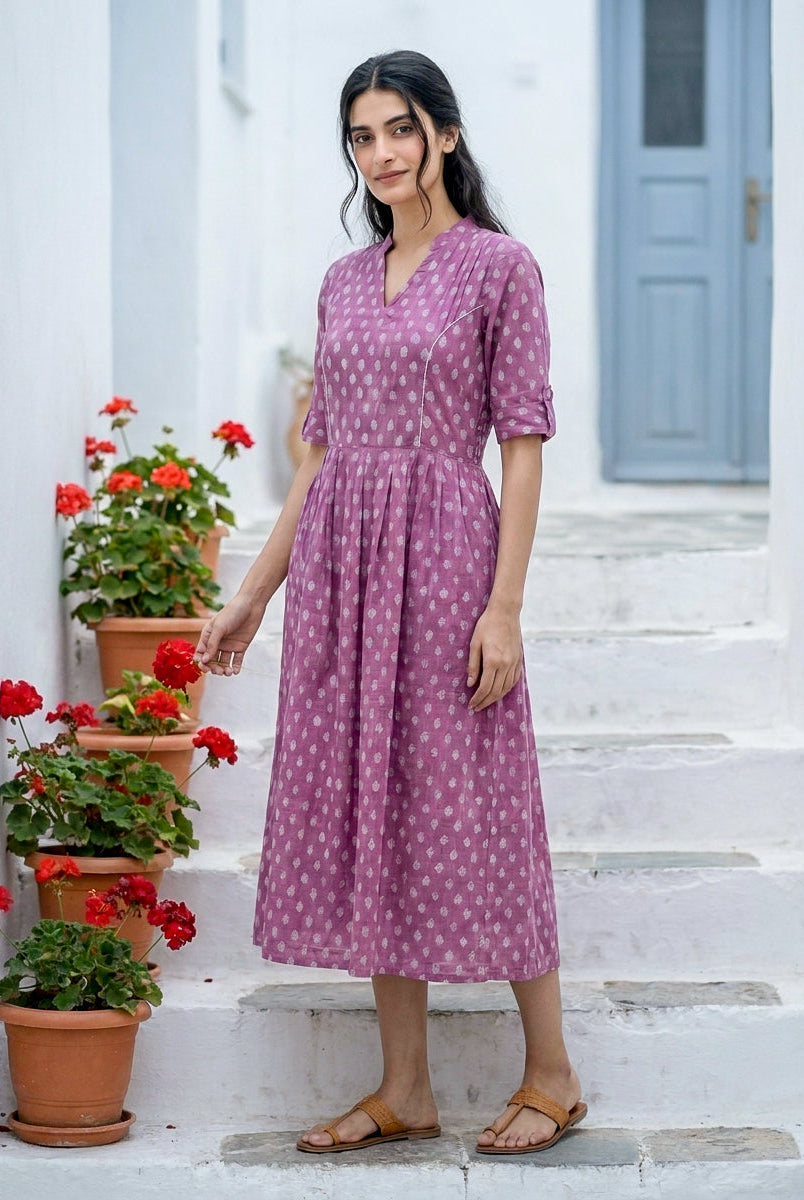 Purple Handblock Cotton Mandarin-Collar Dress with Elastic Back — styled look