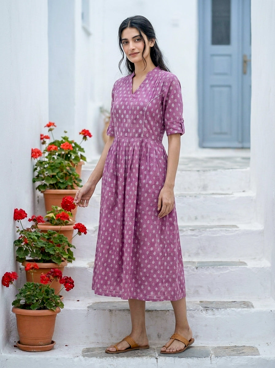 Purple Handblock Cotton Mandarin-Collar Dress with Elastic Back — styled look