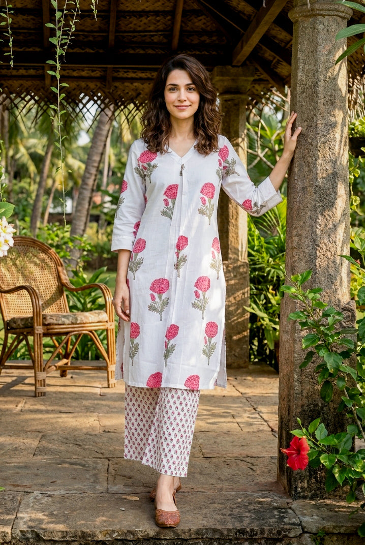 Ivory & Pink Rose Handblock Cotton Co-ord Set — styled look