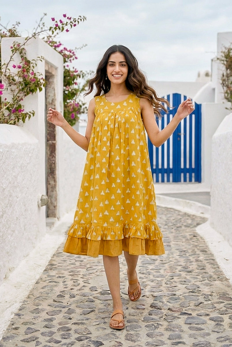 Yellow Handblock Sleeveless Cotton Dress with Frill Sweep — styled look