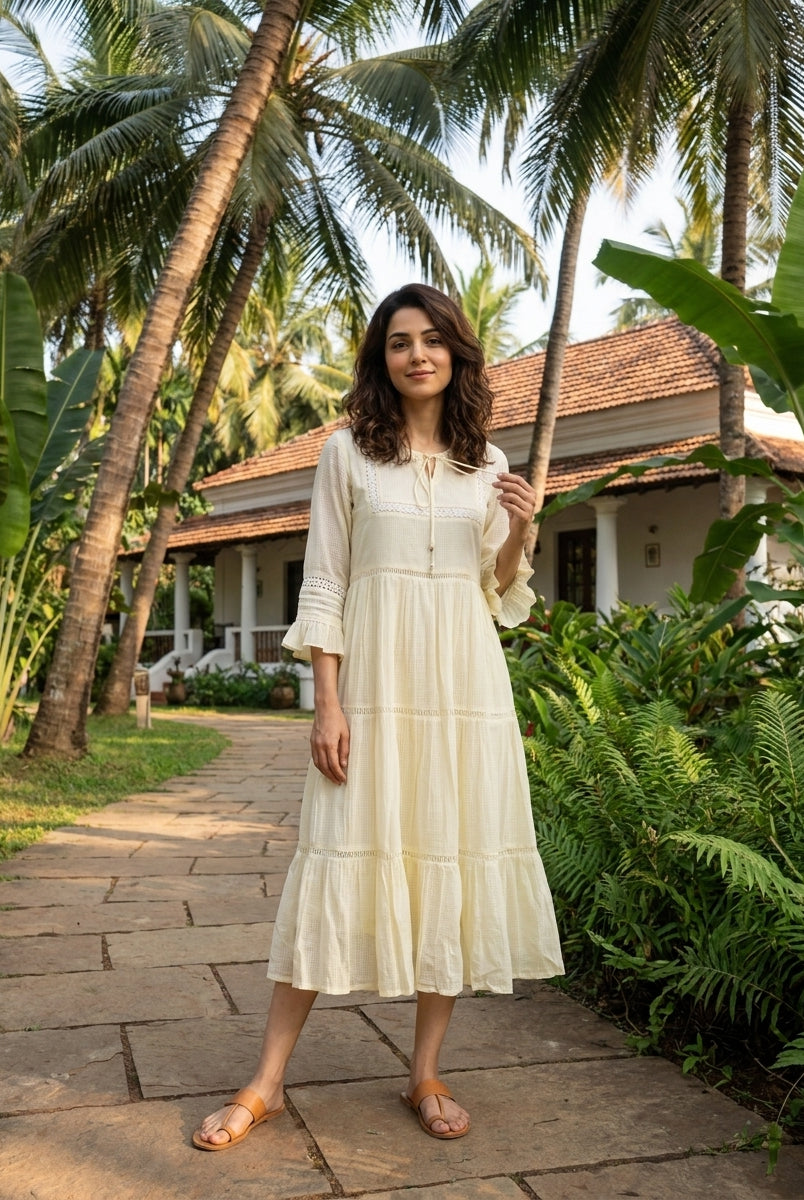 Ivory Kota Doria Tiered Cotton Dress with Lace Inserts — styled look