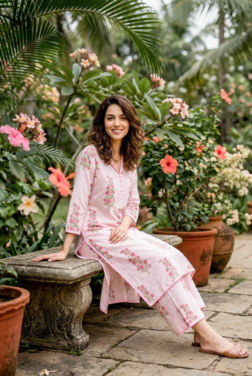Baby Pink Floral Handblock Cotton Co-ord Set — styled look
