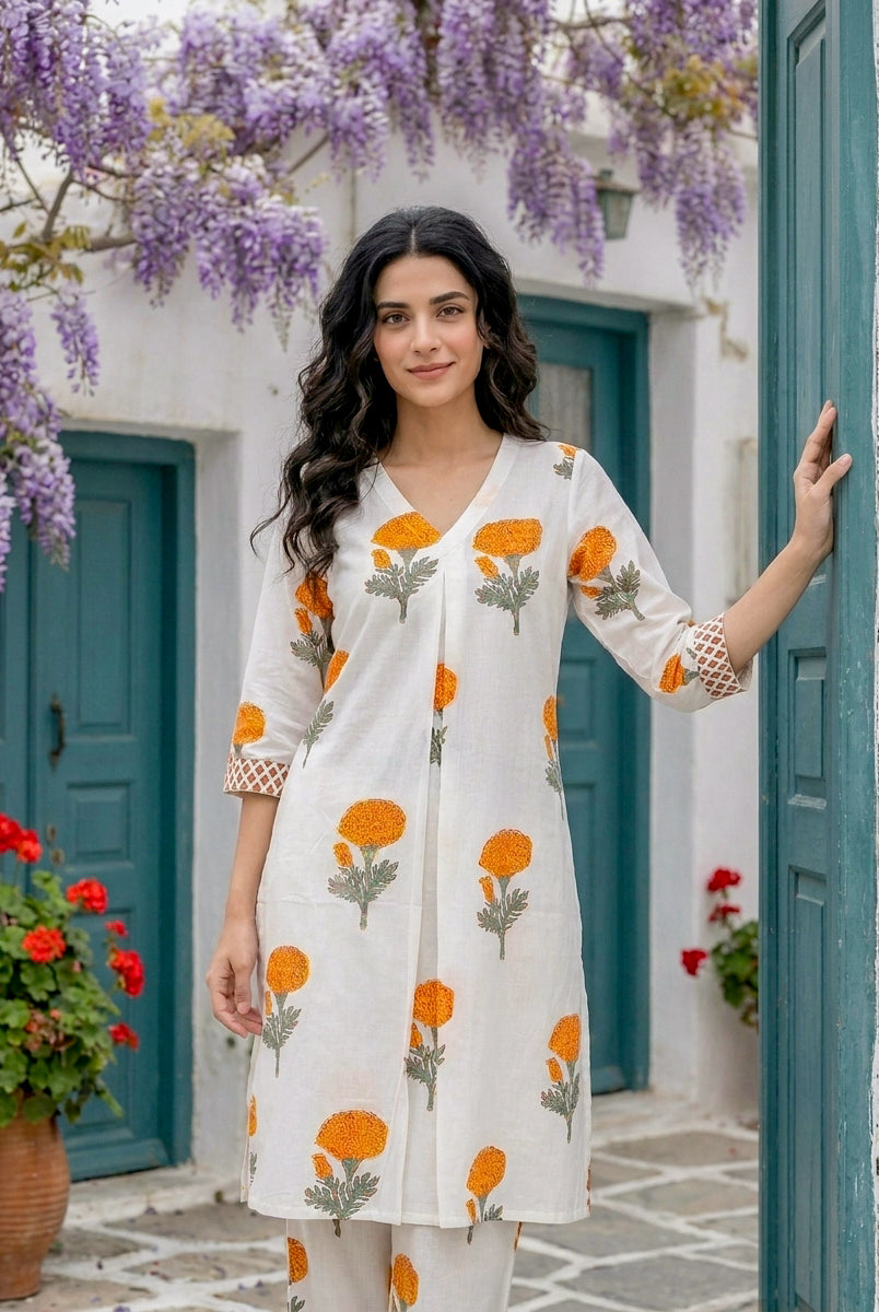 Ivory & Orange Marigold Handblock Cotton Co-ord Set — styled look