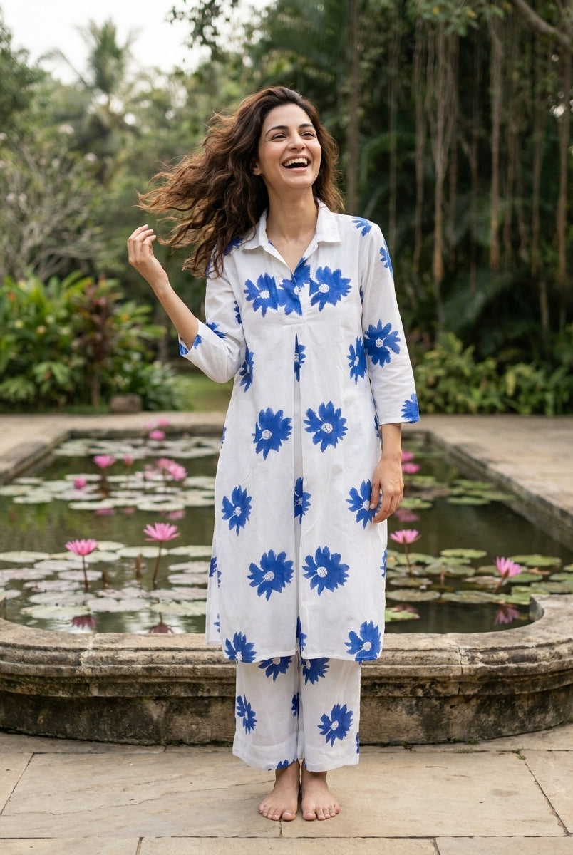 White & Cobalt Daisy Handblock Cotton Co-ord Set — styled look
