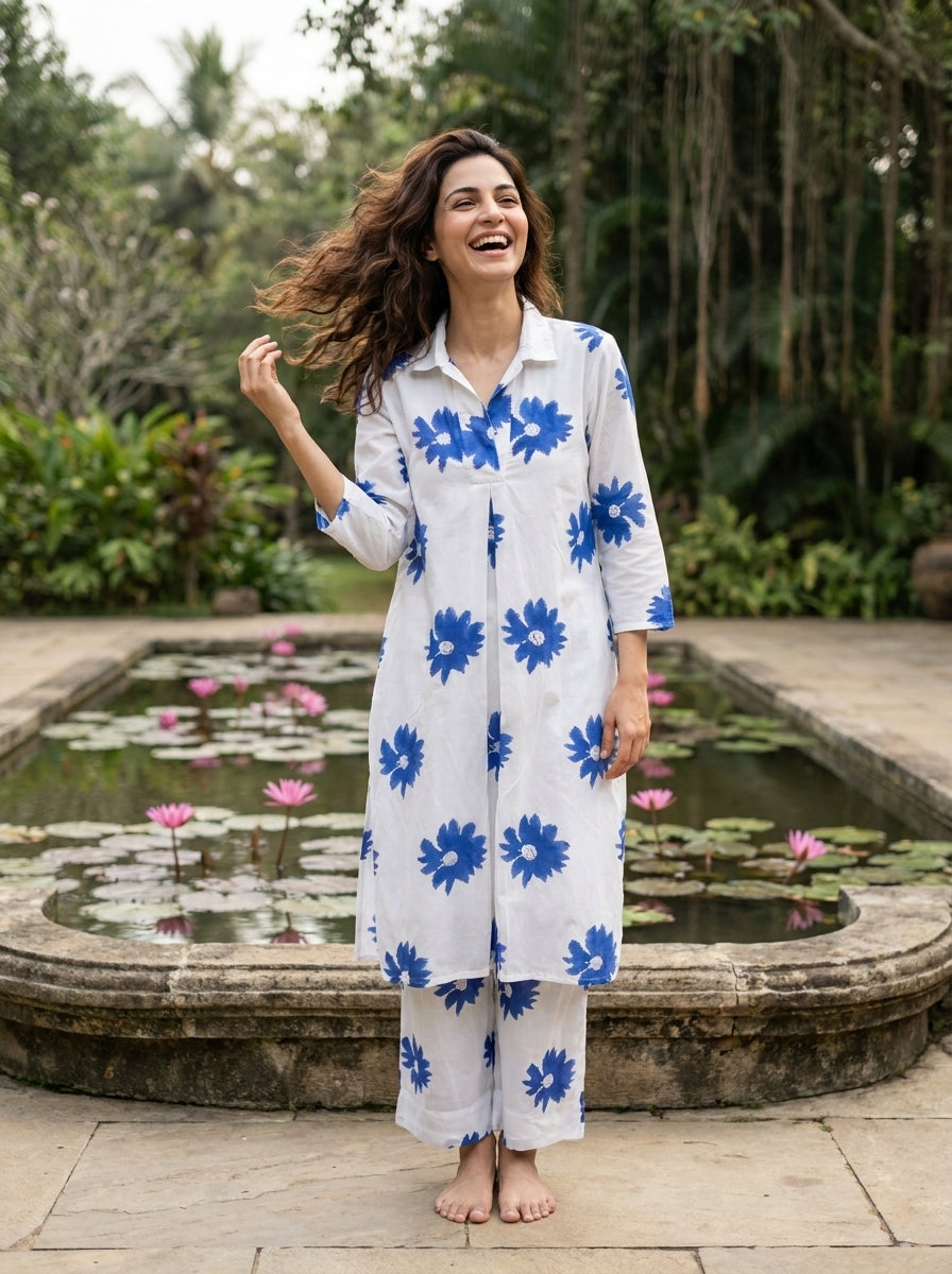 White & Cobalt Daisy Handblock Cotton Co-ord Set — styled look