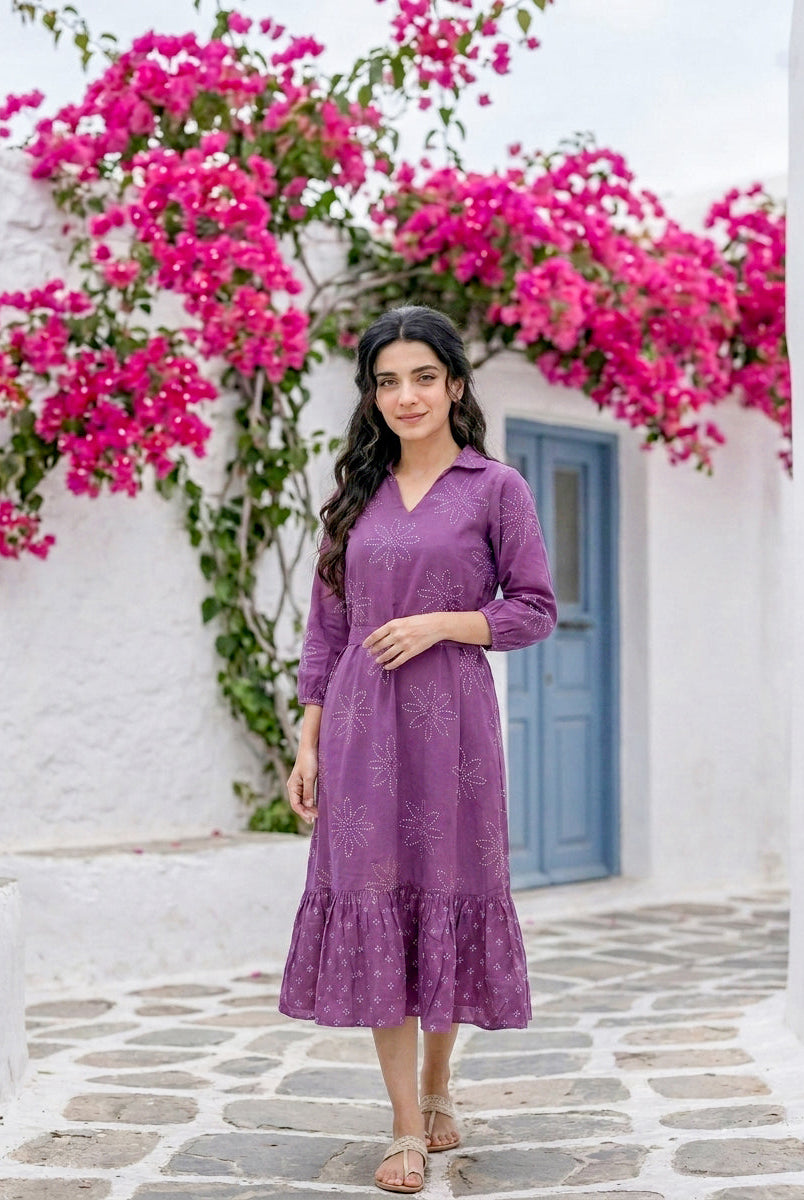 Lilac Bandhej Handblock Cotton Collared Tiered Dress — styled look