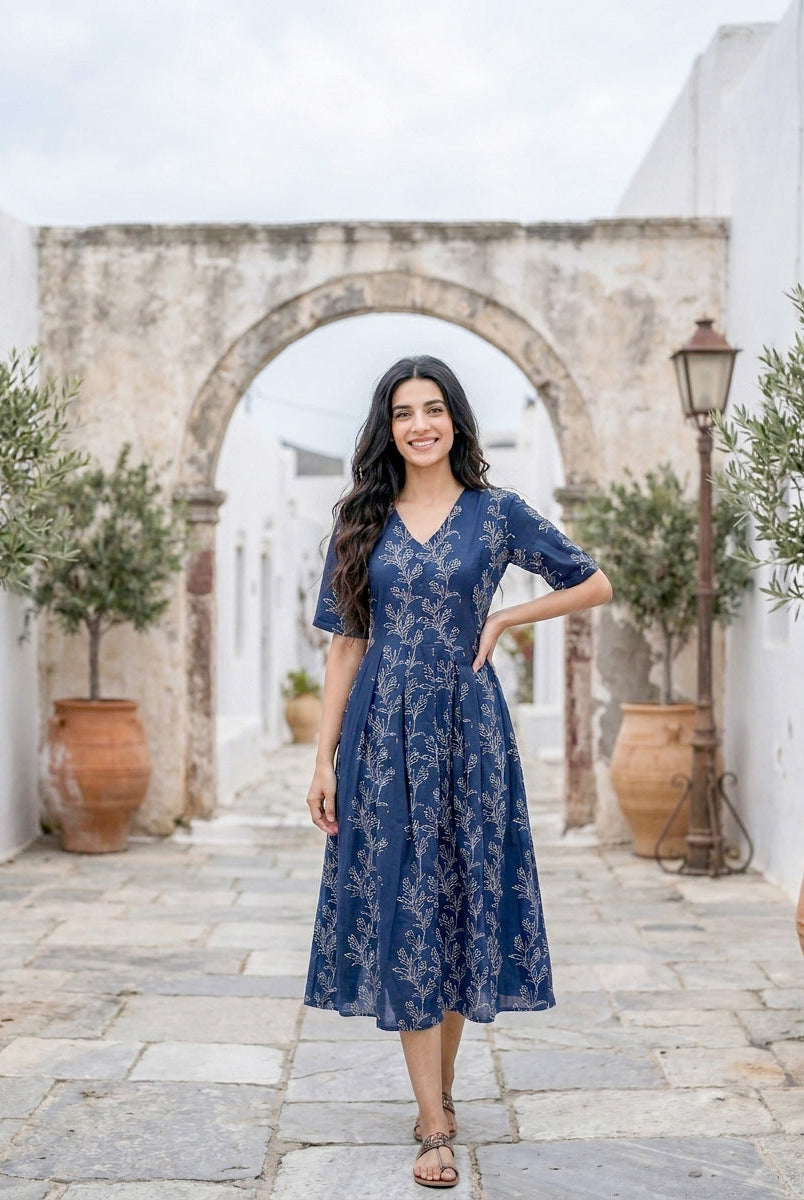 Smiling woman wearing indigo botanical print V-neck fit-and-flare midi dress, front view.