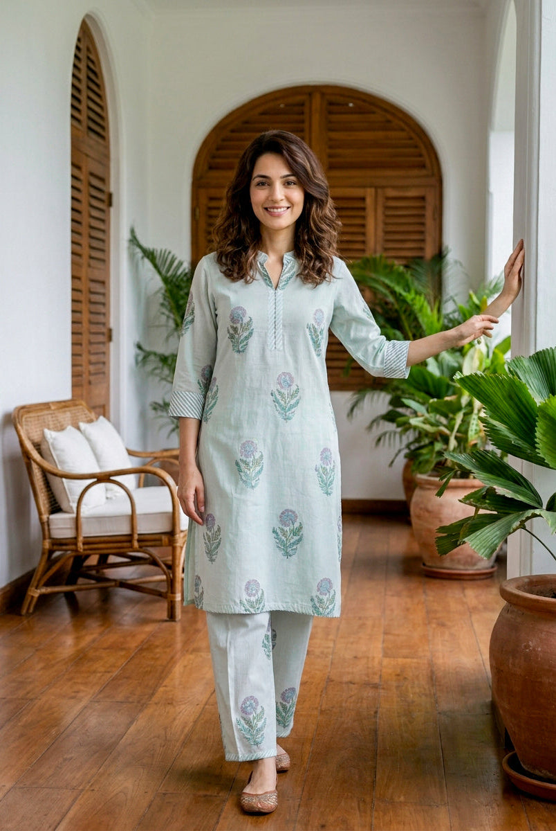 Mint Green Botanical Handblock Cotton Co-ord Set — styled look