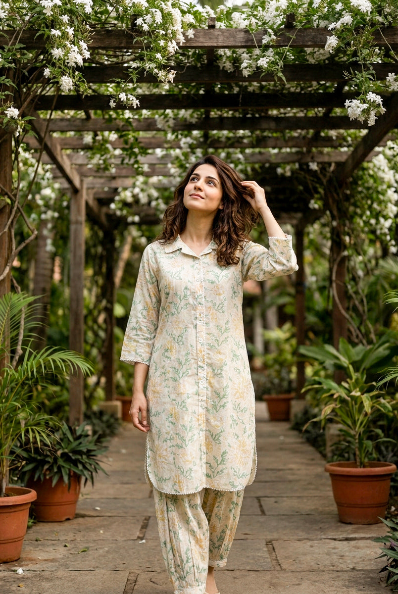 Ivory Botanical Handblock Cotton Co-ord Set — styled look