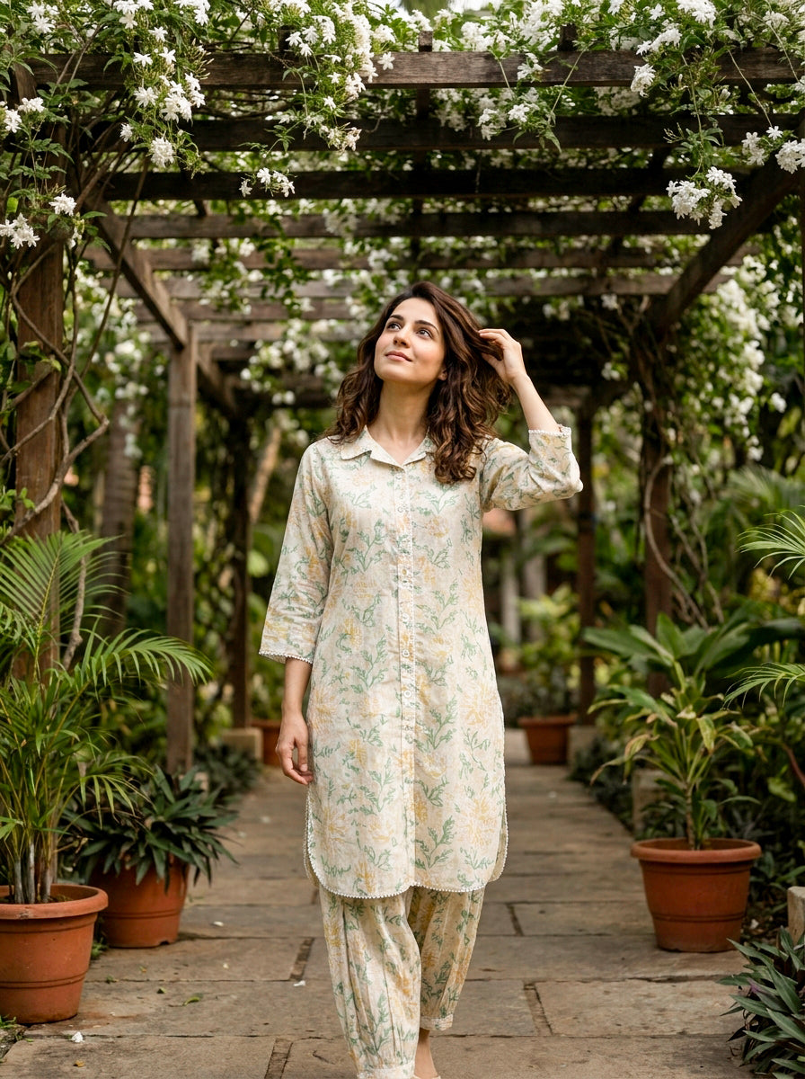 Ivory Botanical Handblock Cotton Co-ord Set — styled look