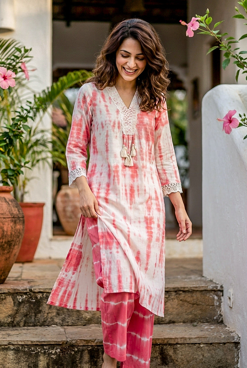 Coral Tie-Dye Cotton Co-ord Set with Lace Trim — styled look