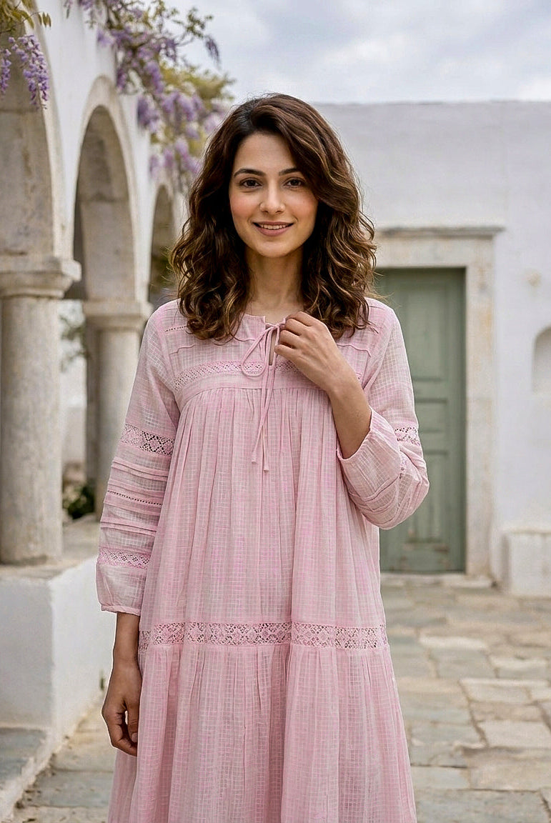 Pink Kota Doriya Round-Neck Dress with Lacey Sleeves — styled look