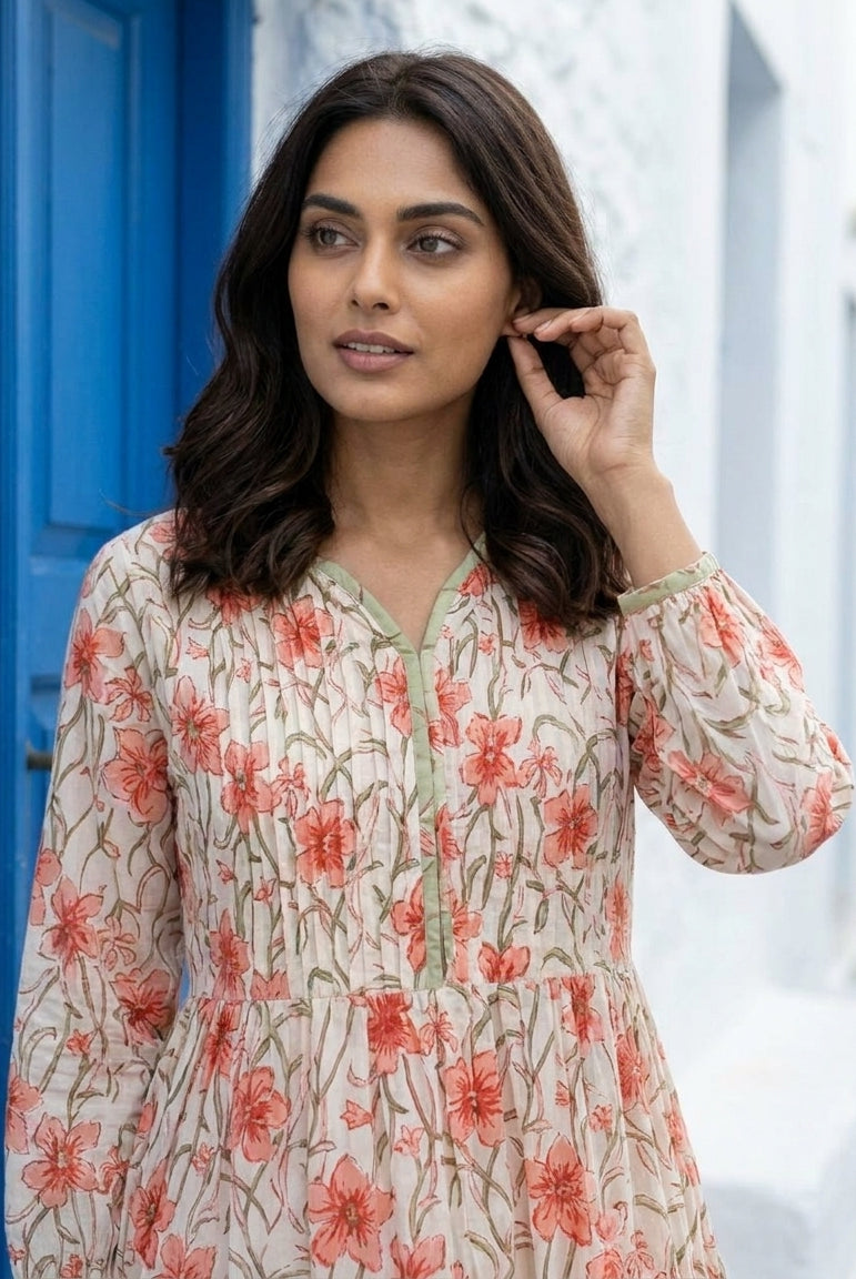 White & Peach Floral Handblock Tiered Cotton Dress — styled look