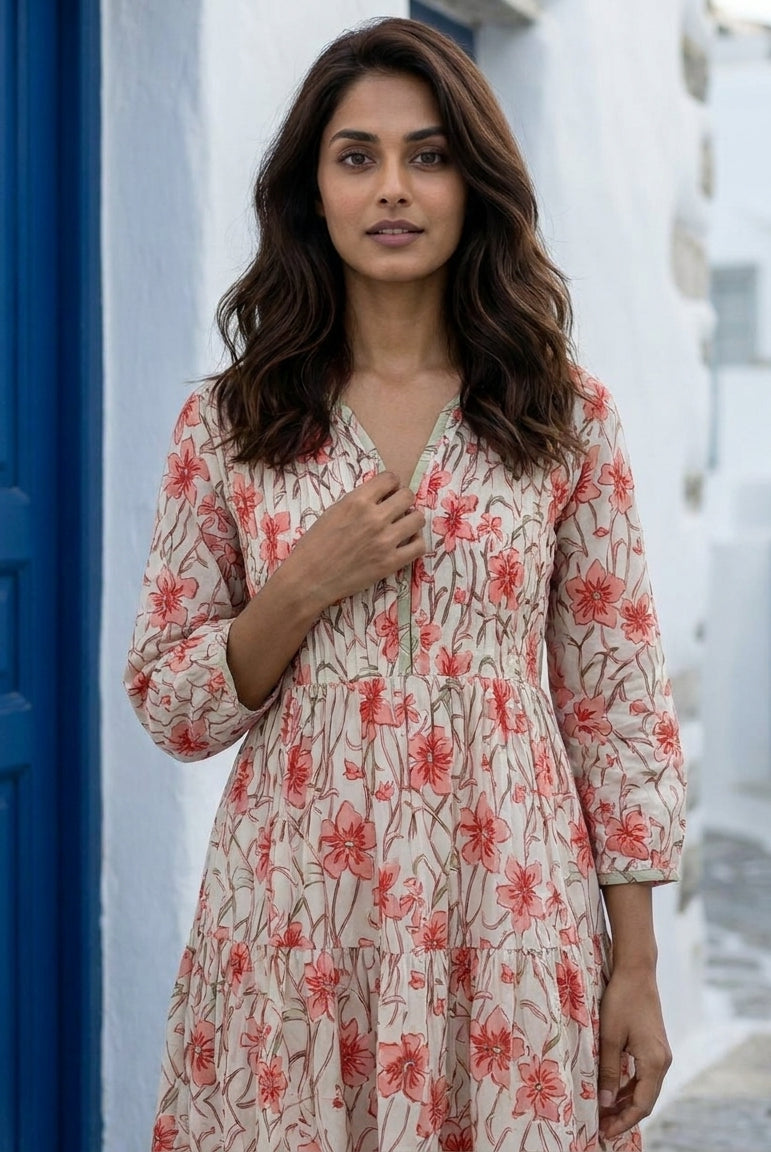 White & Peach Floral Handblock Tiered Cotton Dress — styled look