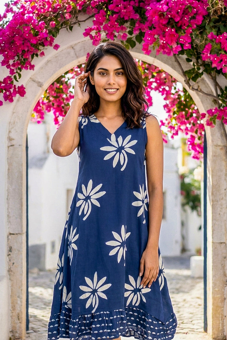 Indigo Handblock Sleeveless Cotton V-Neck Dress — styled look