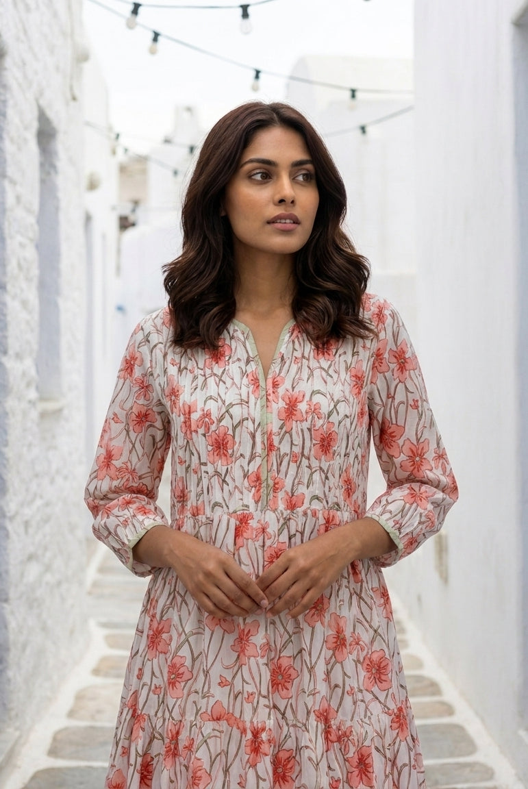 White & Peach Floral Handblock Tiered Cotton Dress — styled look