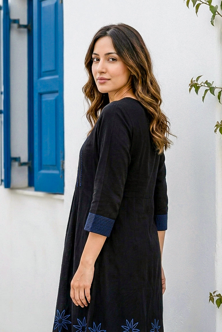 Black Handblock Cotton Round-Neck Flowy Dress — styled look