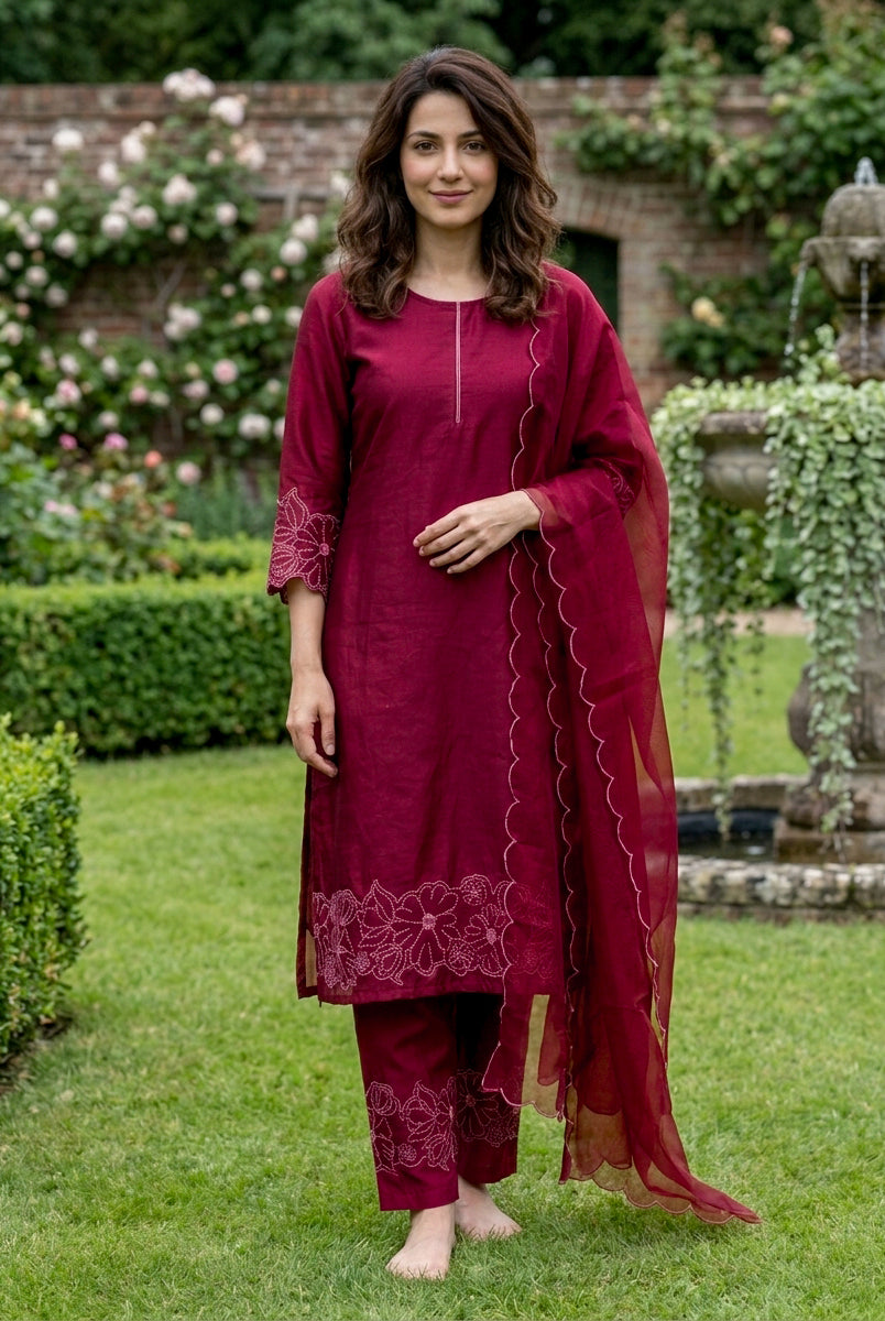 Wine Red Embroidered Chanderi Silk Suit Set with Pants & Dupatta — styled with natural pallu