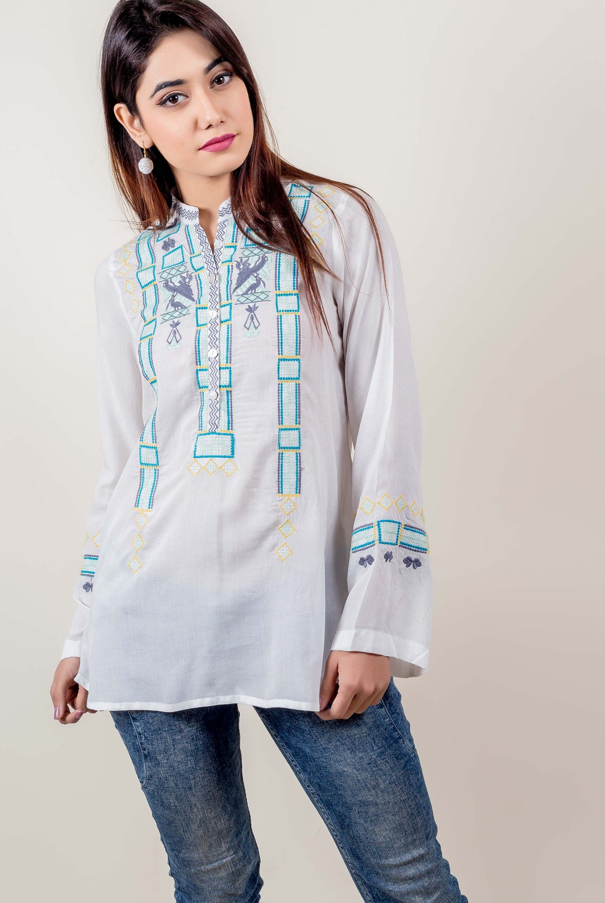 White Ice Green Geometrical Embroidered Short Kurta Top