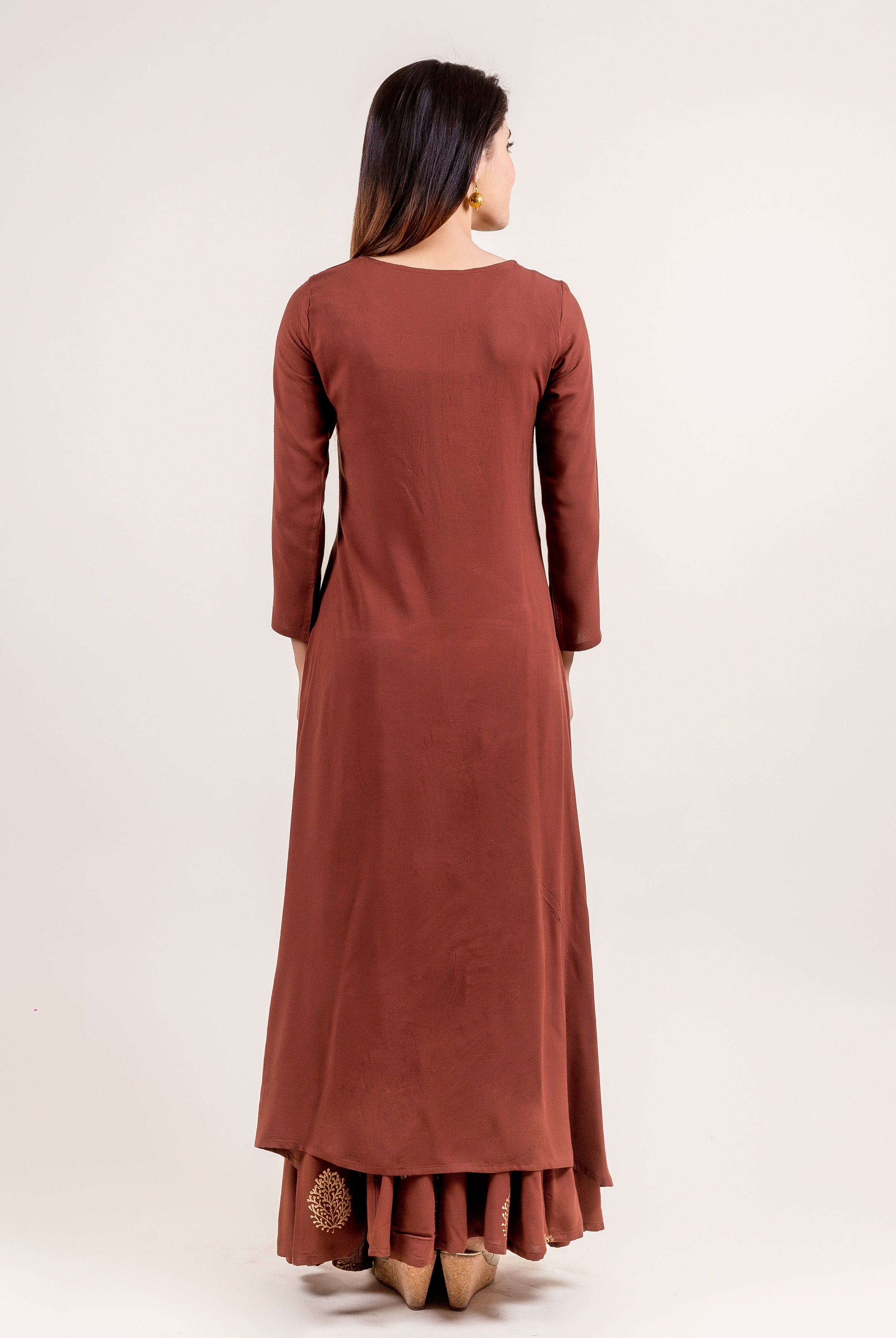 3-4th Sleeves with Asymmetrical Brown kurta for women