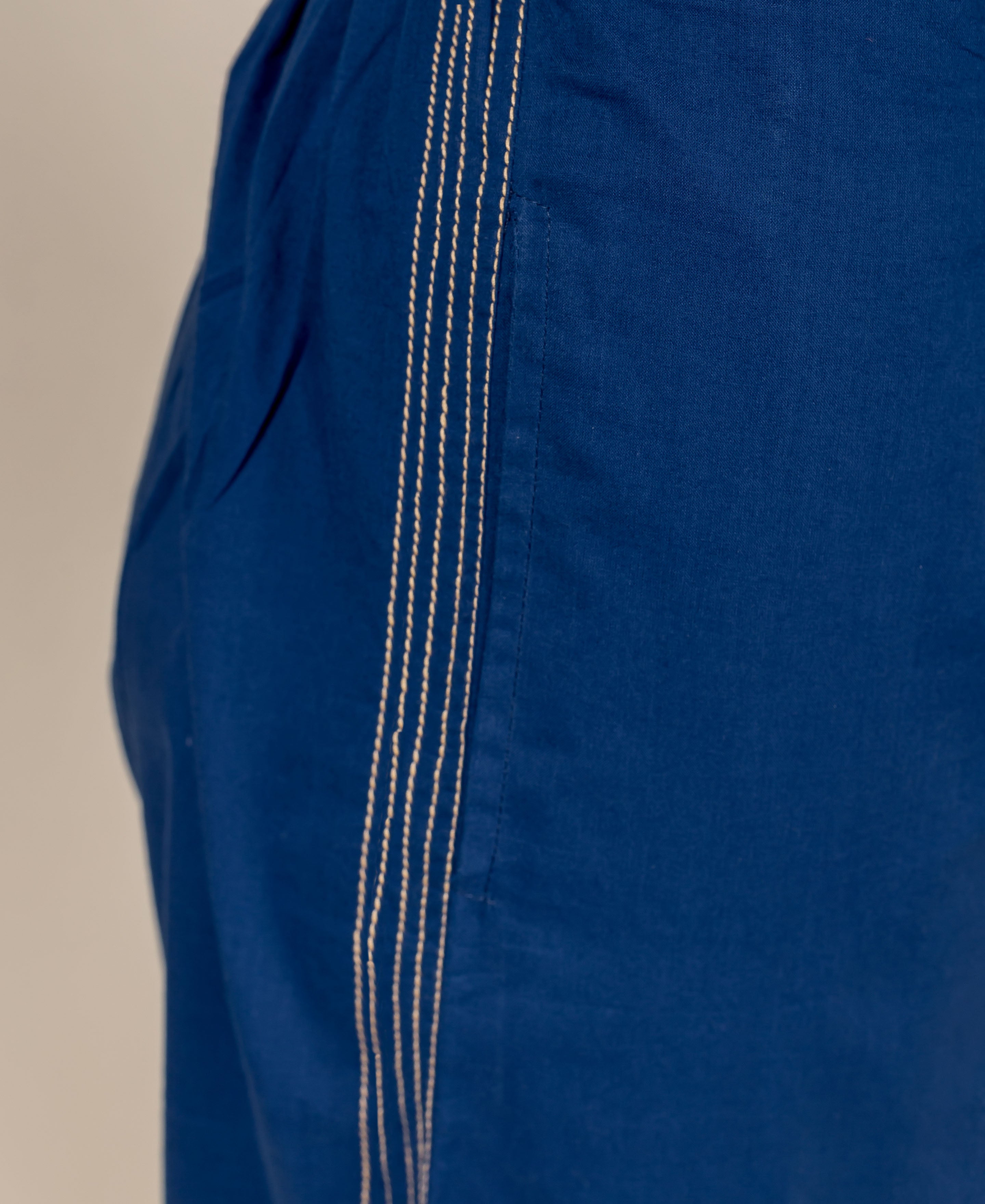 Dark blue cotton palazzo pants with white stitching detail down the side.