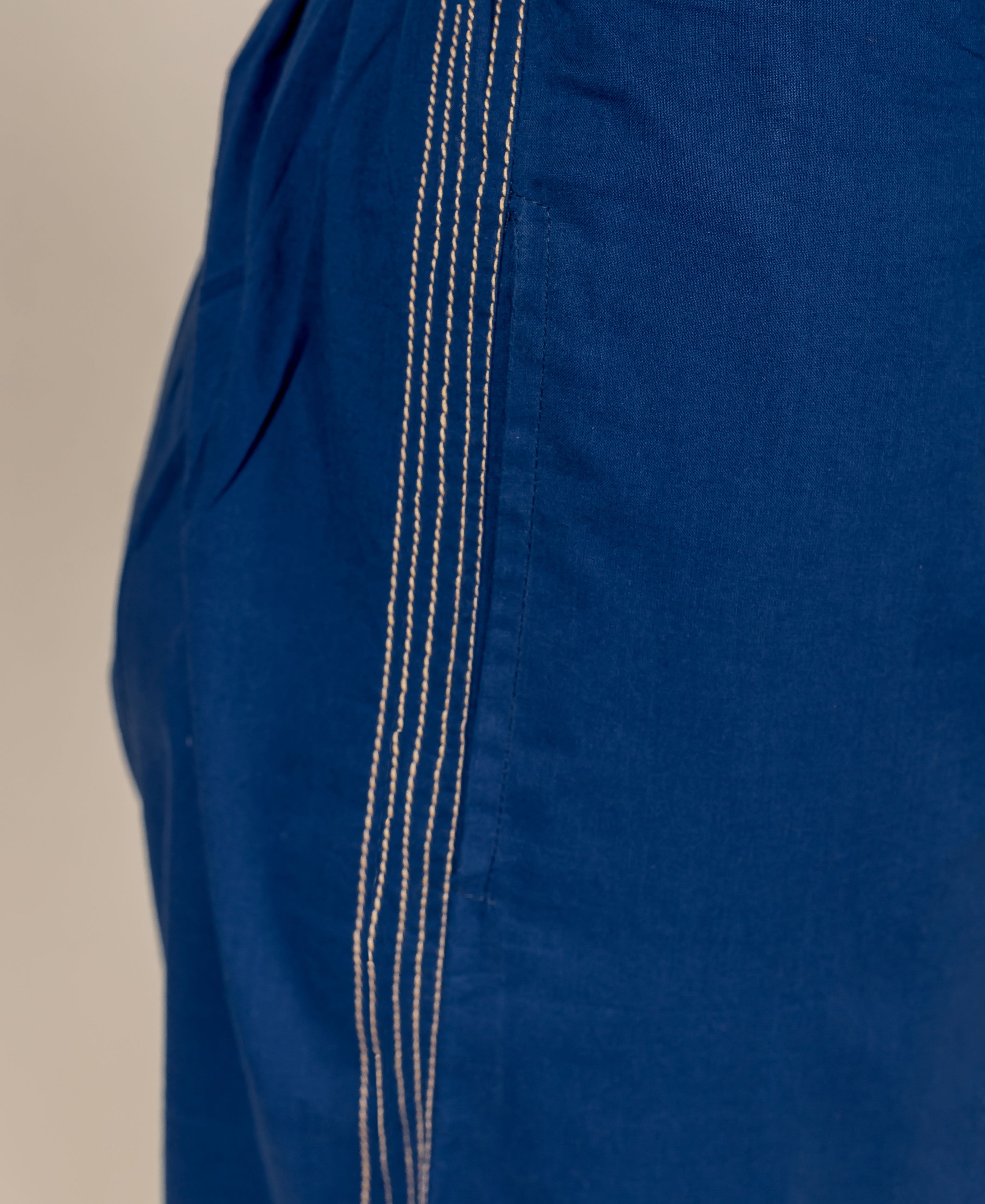 Dark blue cotton palazzo pants with white stitching detail down the side.