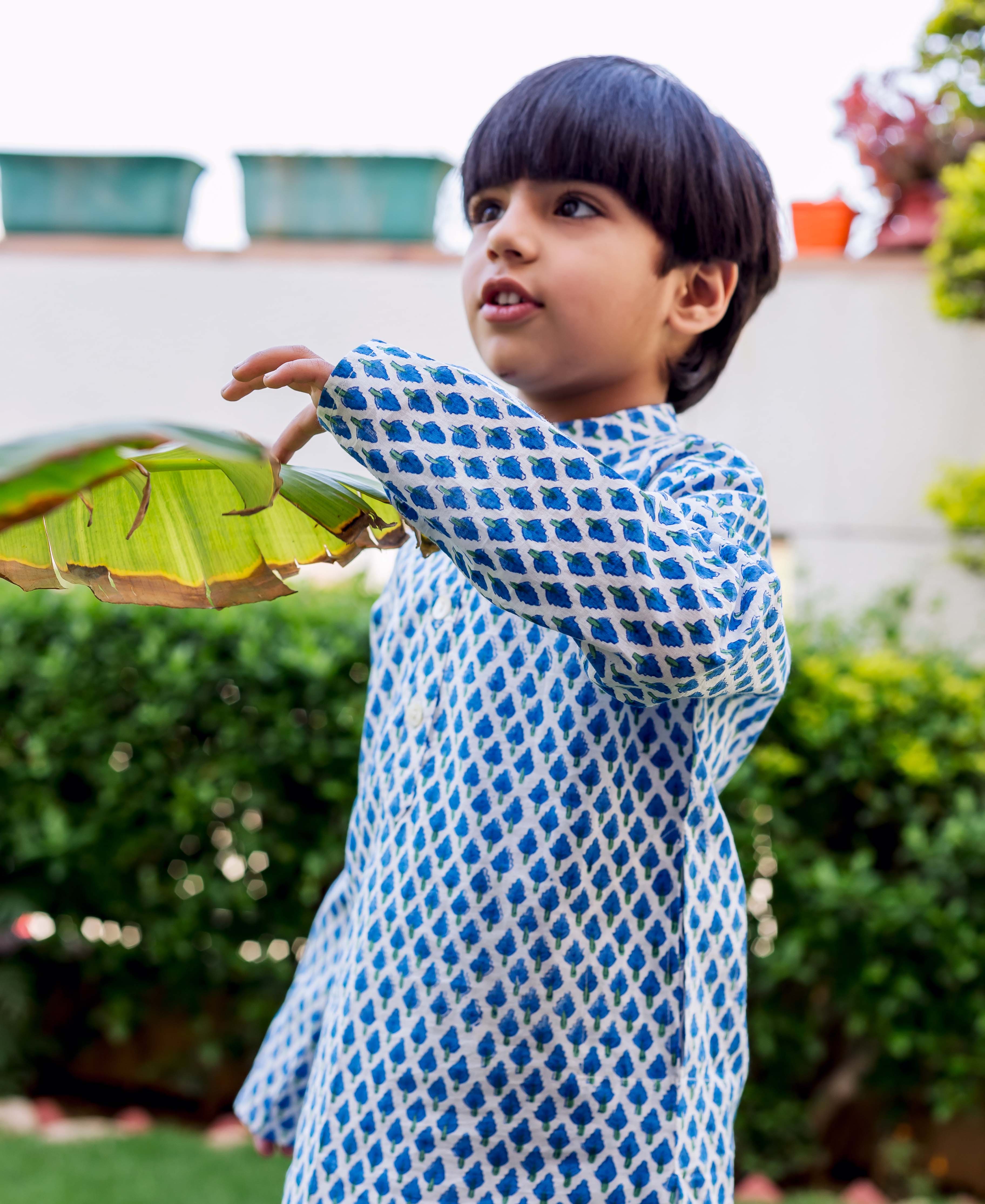 Young boy in blue and white hand-block booti printed kurta, touching a large green leaf.