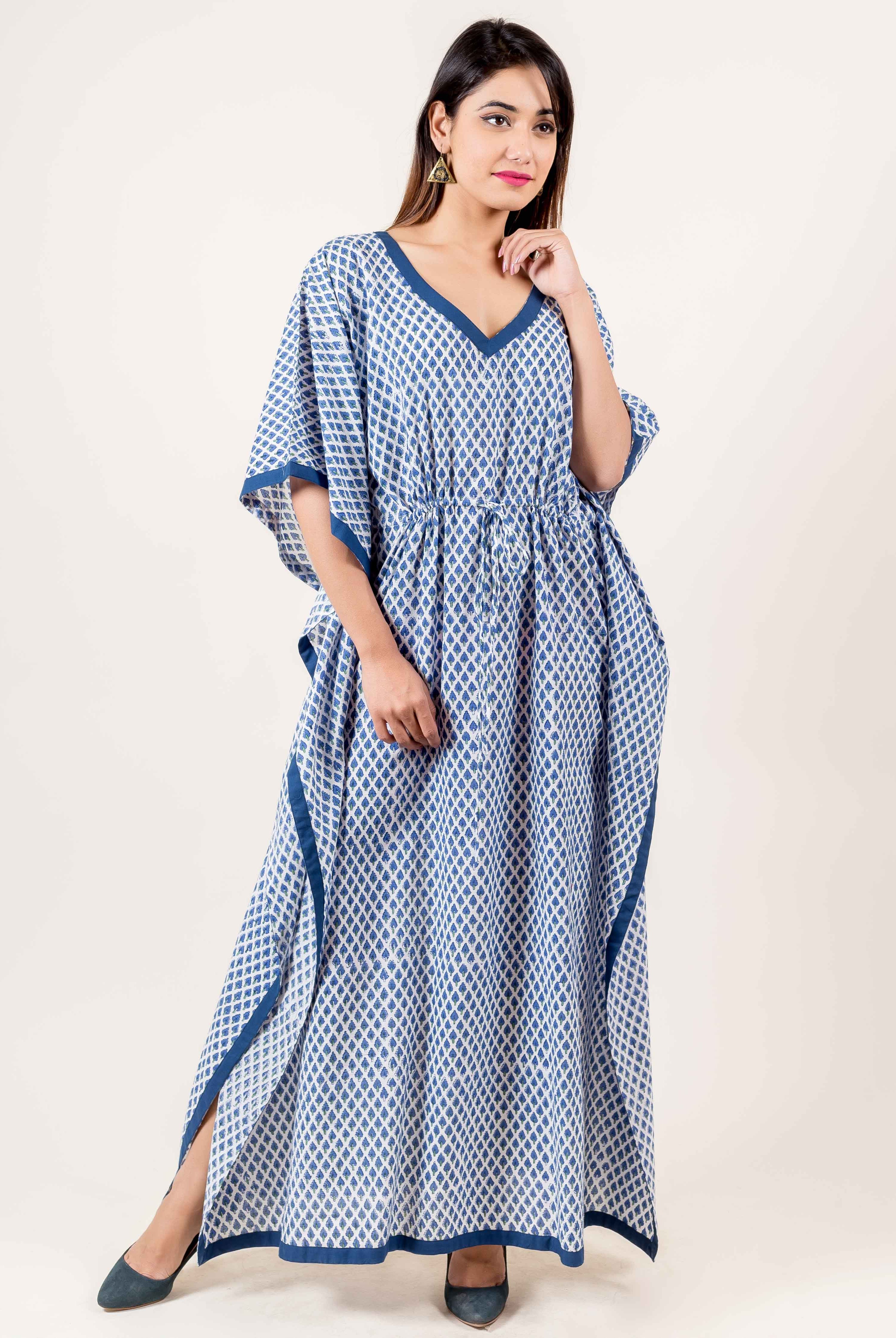 White And Blue Kaftan Dress With Adjustable Waist Line