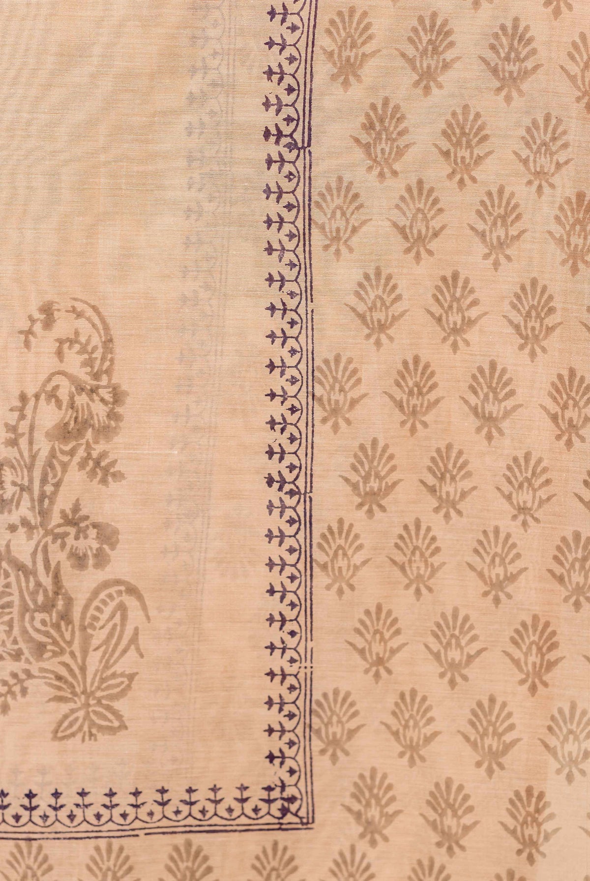 Flat beige block-printed Chanderi dupatta with grey floral motifs and a dark indigo patterned border.