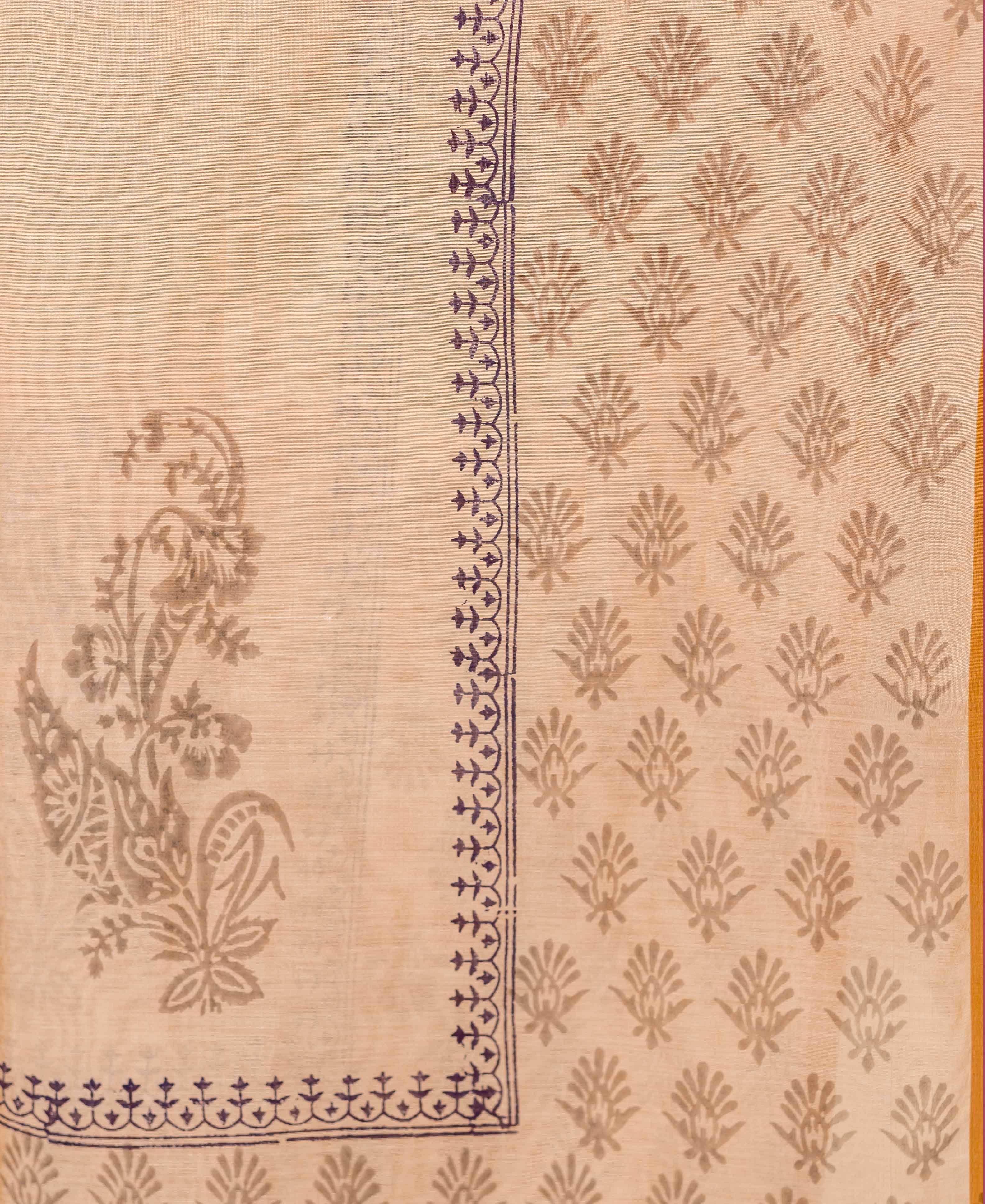 Flat beige block-printed Chanderi dupatta with grey floral motifs and a dark indigo patterned border.