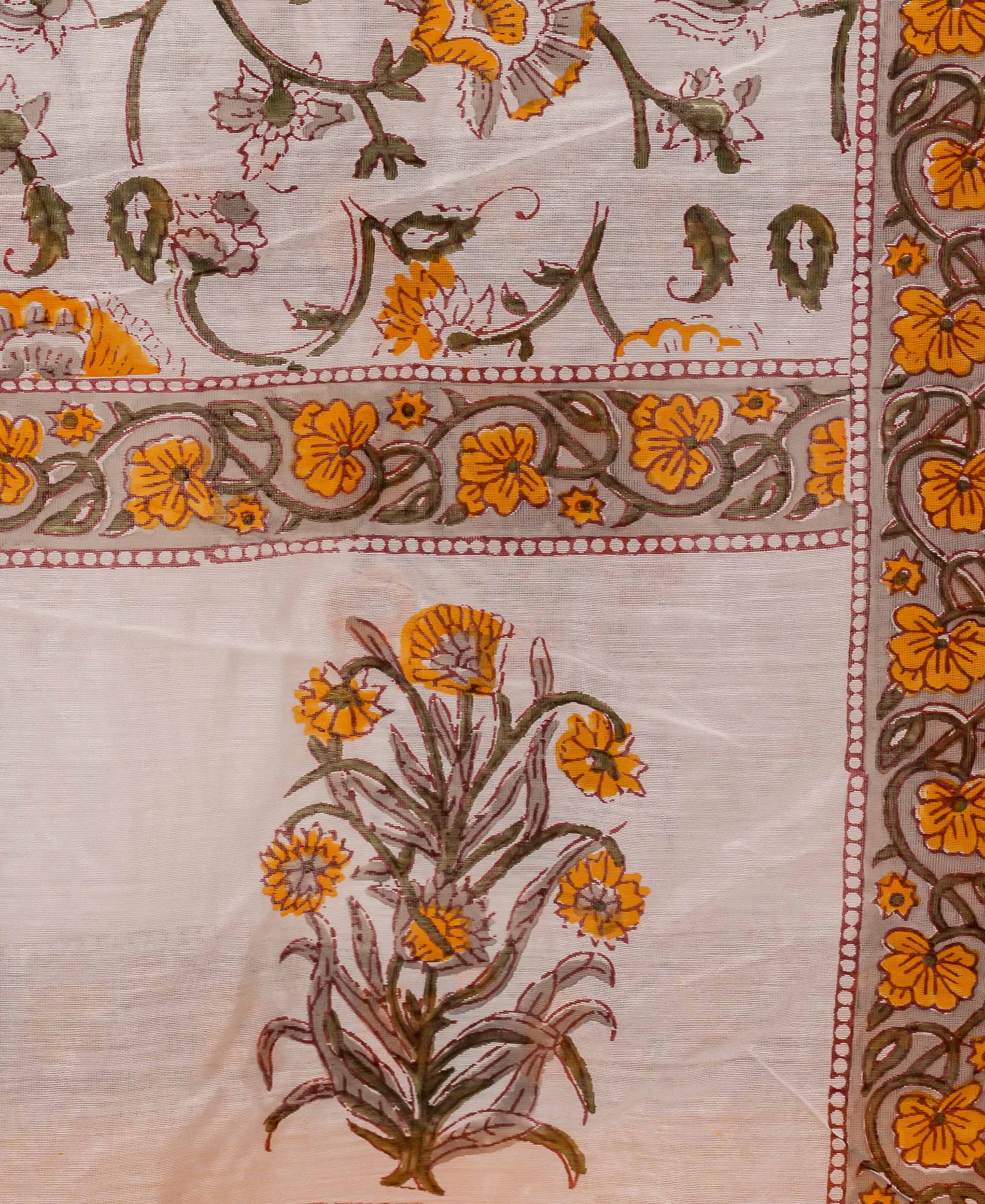 Flat-laid white Chanderi dupatta with vivid yellow block-printed floral patterns and intricate borders.