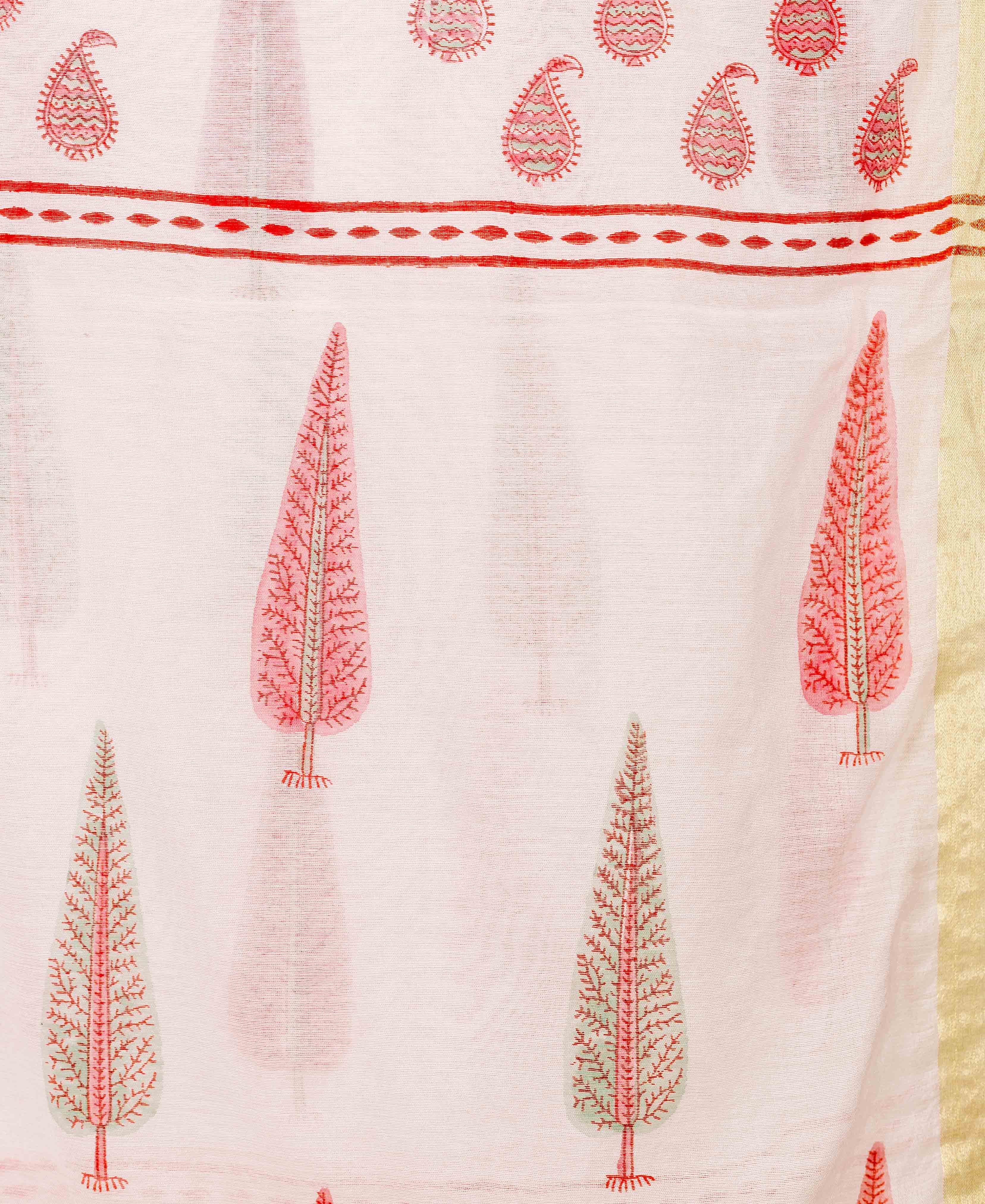 White and pink hand-block printed dupatta with red paisley border and conical tree motifs.