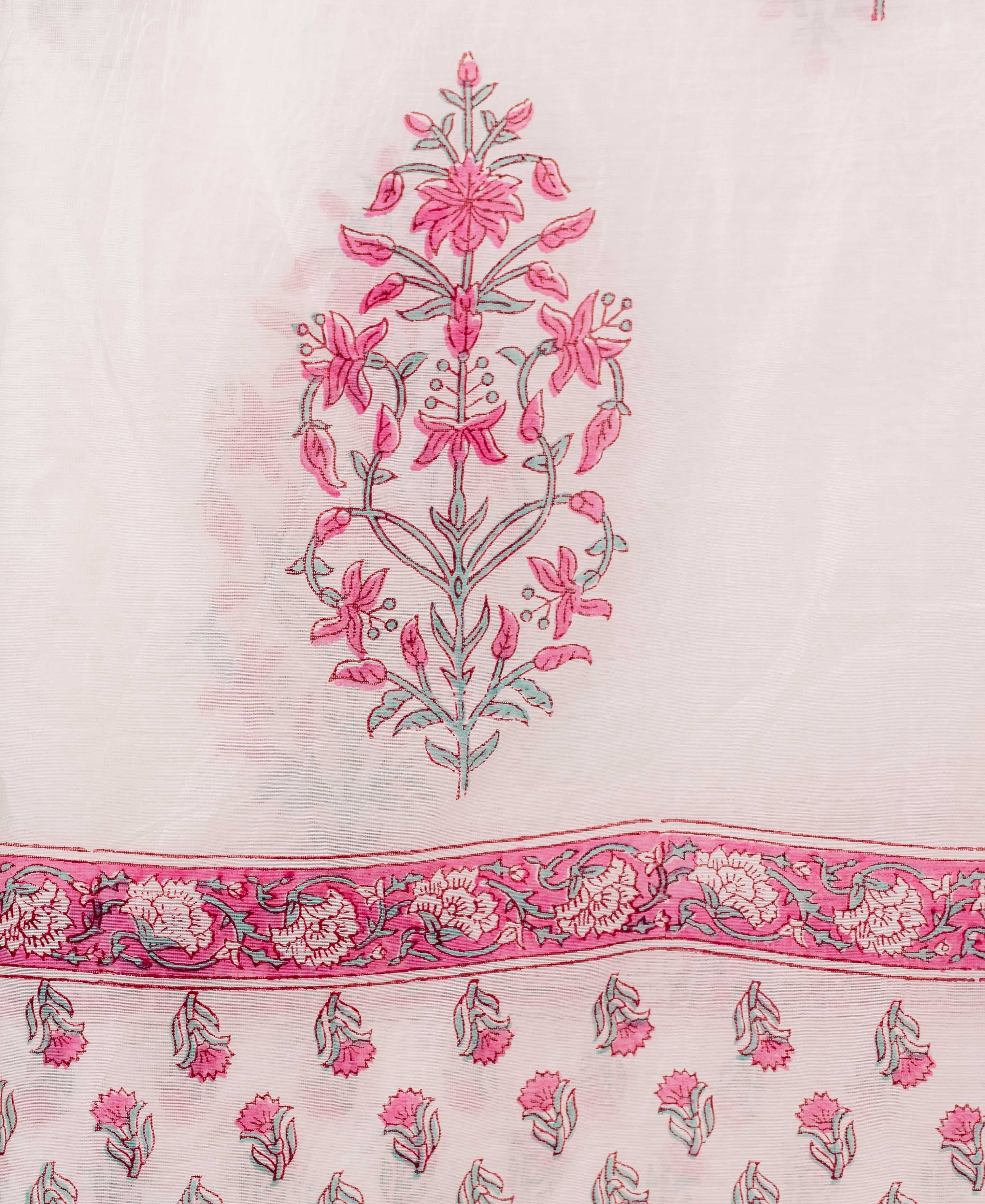 Flat white fabric featuring hand-block printed pink and teal floral and vine patterns.