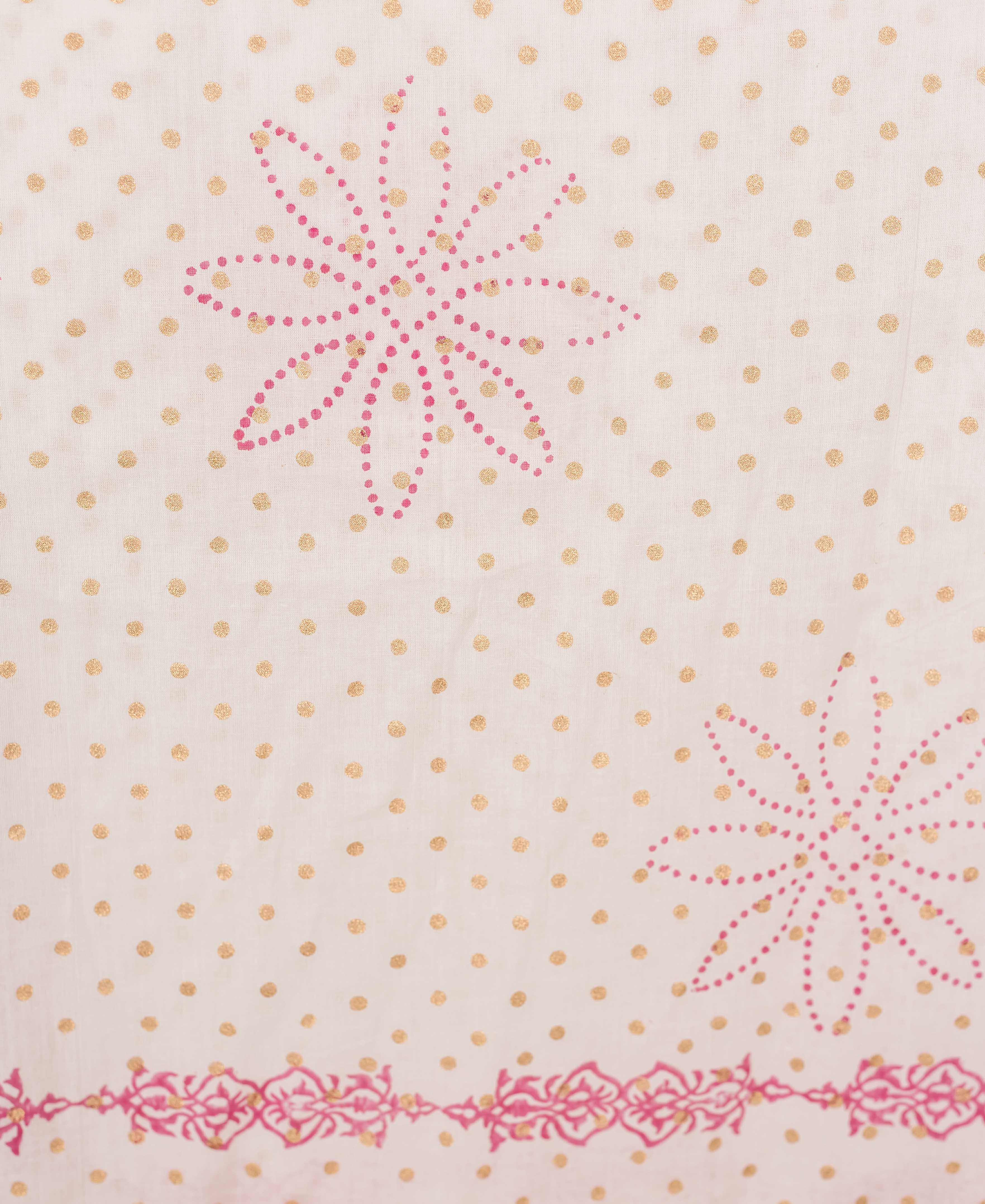 Flat-lay close-up: white dupatta with golden polka dots, pink dotted floral block prints, and border.