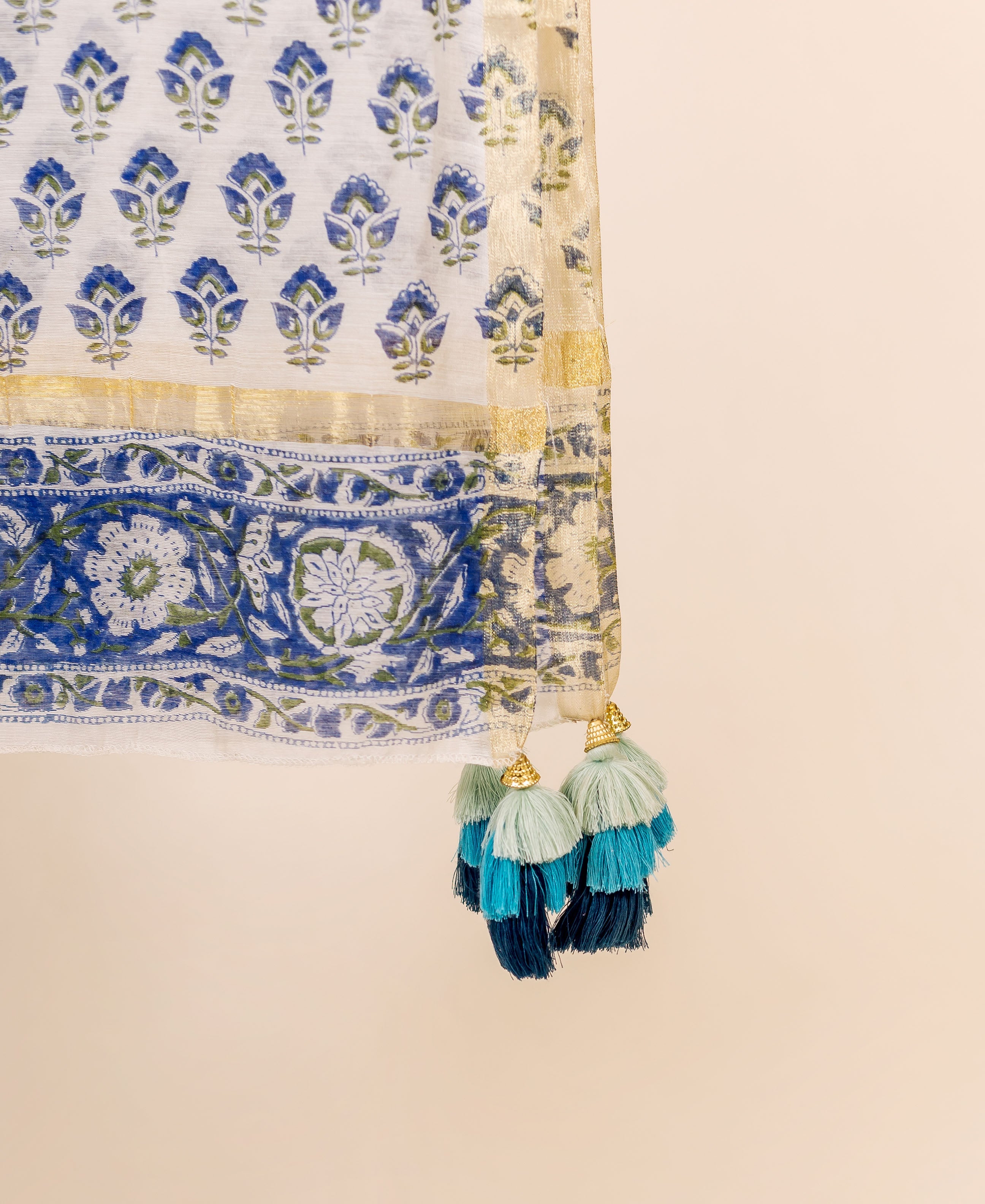 Blue and white block printed chanderi dupatta with tassels.