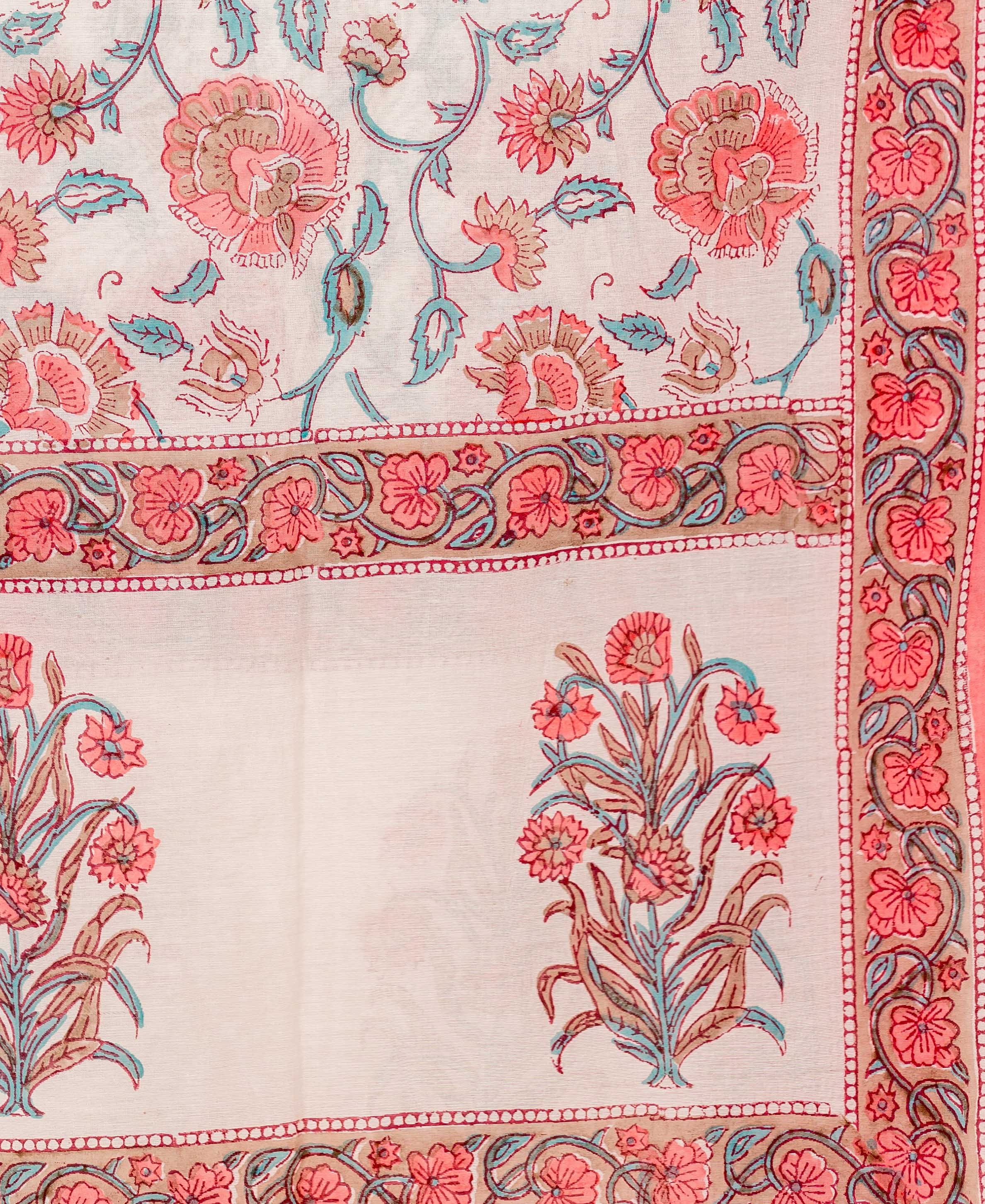 Close-up of white and pink hand-block printed Chanderi dupatta with floral jaal, slight misprints.