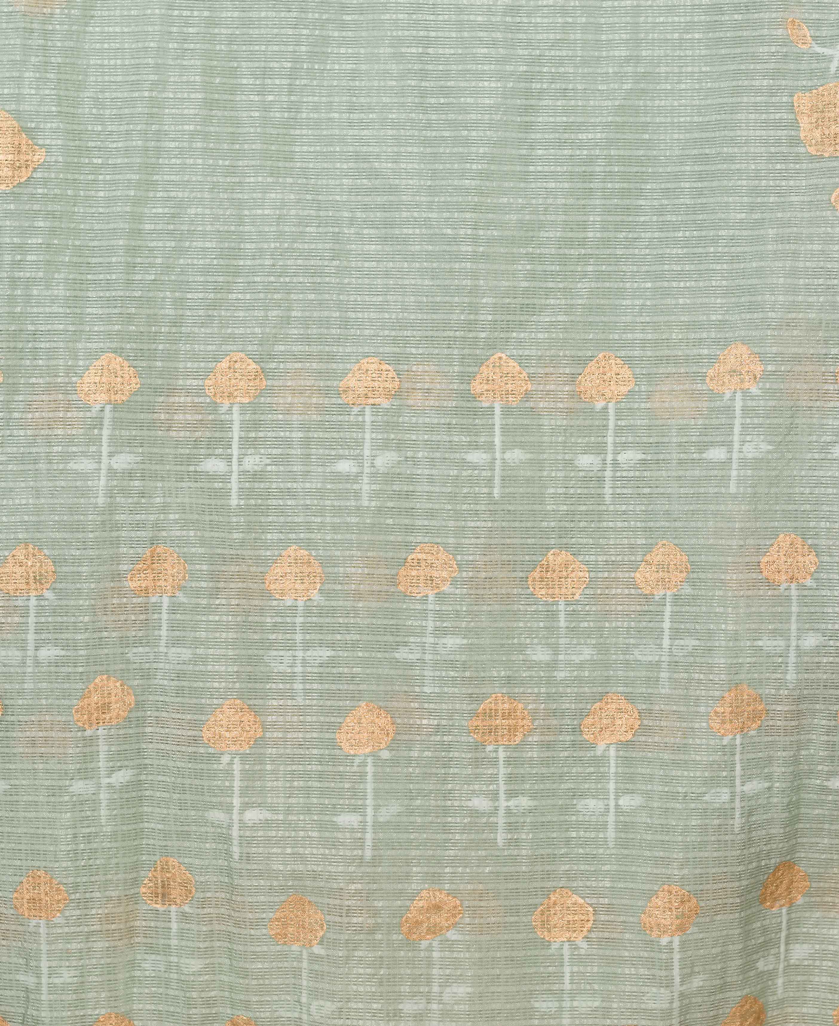 Pale green textured sheer fabric with repeating golden mushroom block prints and white stems.