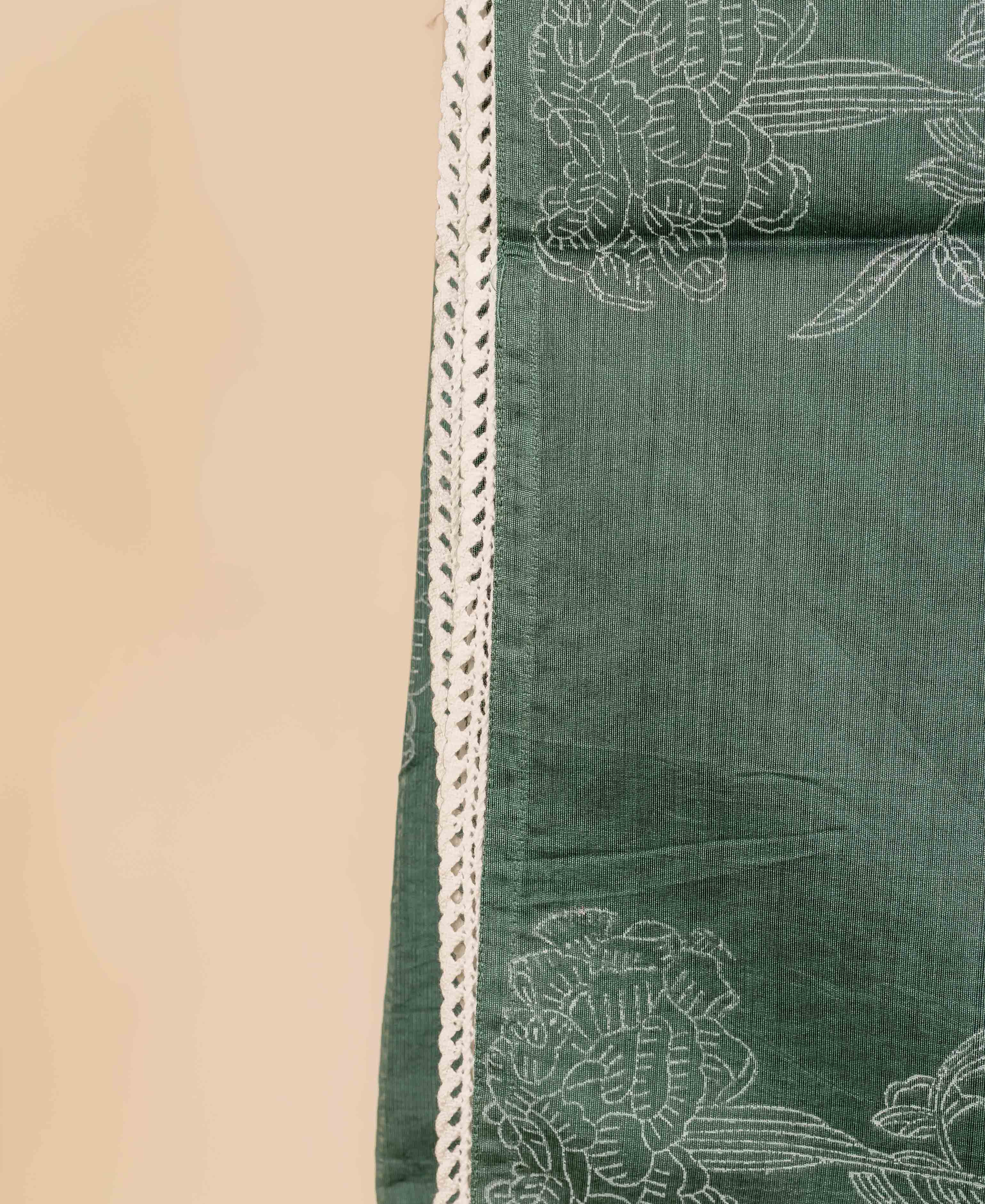 Close-up green hand-block printed dupatta with white floral patterns and delicate lace edge.
