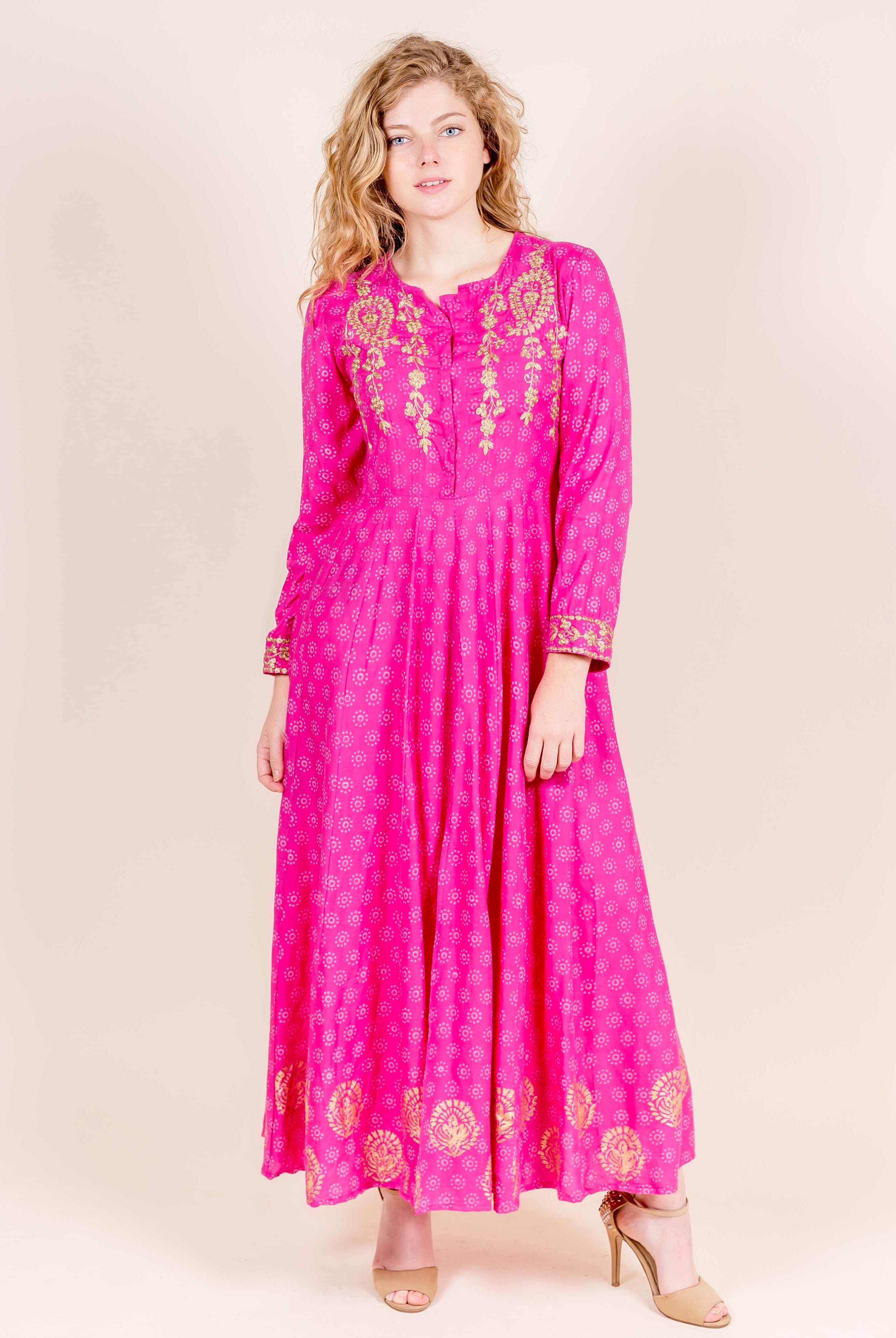 Full Sleeves Fuchsia Flared Hand Block Printed Rayon Dresses