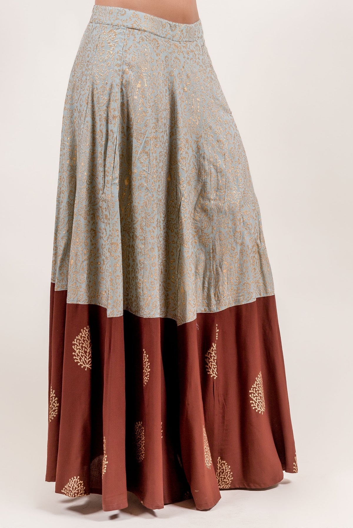 Full length two-toned skirt, light blue-grey gold patterns and brown with gold block prints.