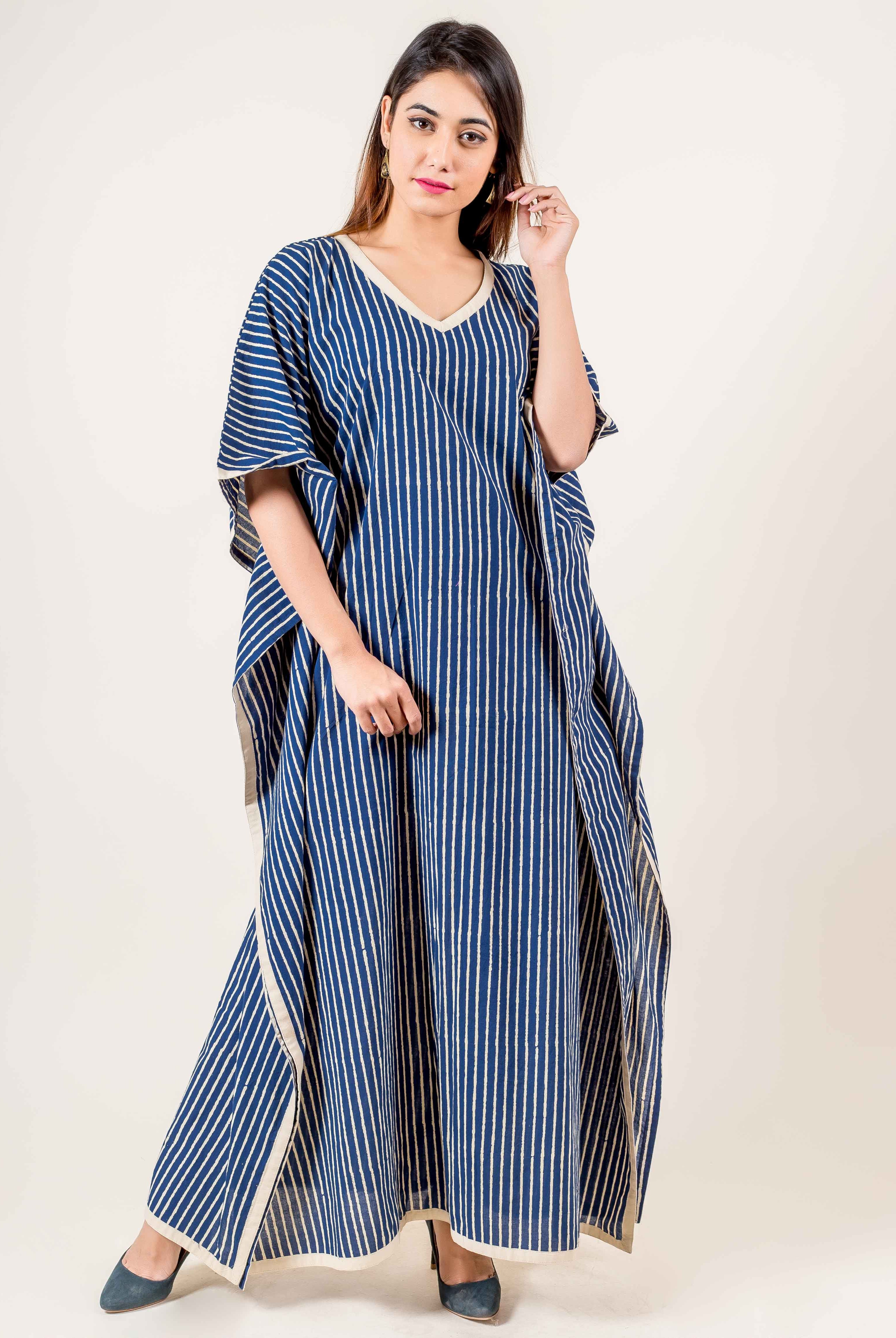 Striped Blue And Off-White Hand Block Printed Kaftan