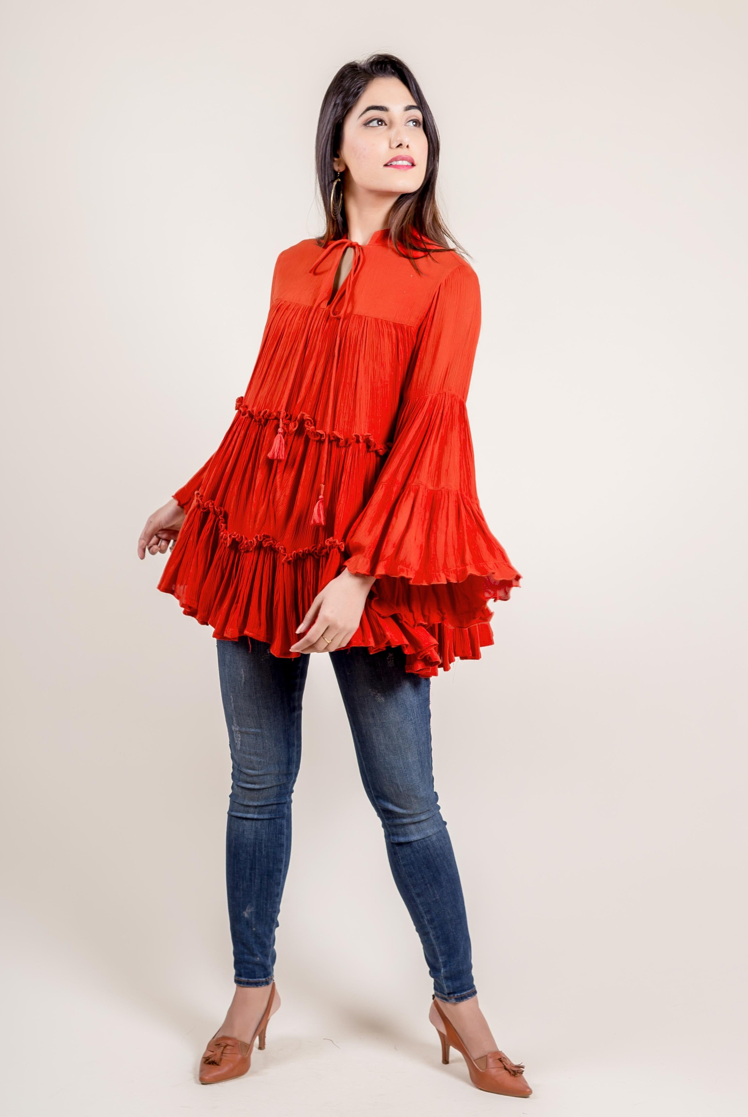 Tasseled Rayon Frill Top In Rust