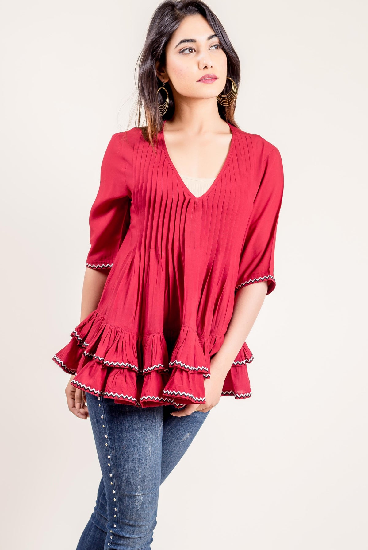 Embroidered Rayon Frilled Rust Top