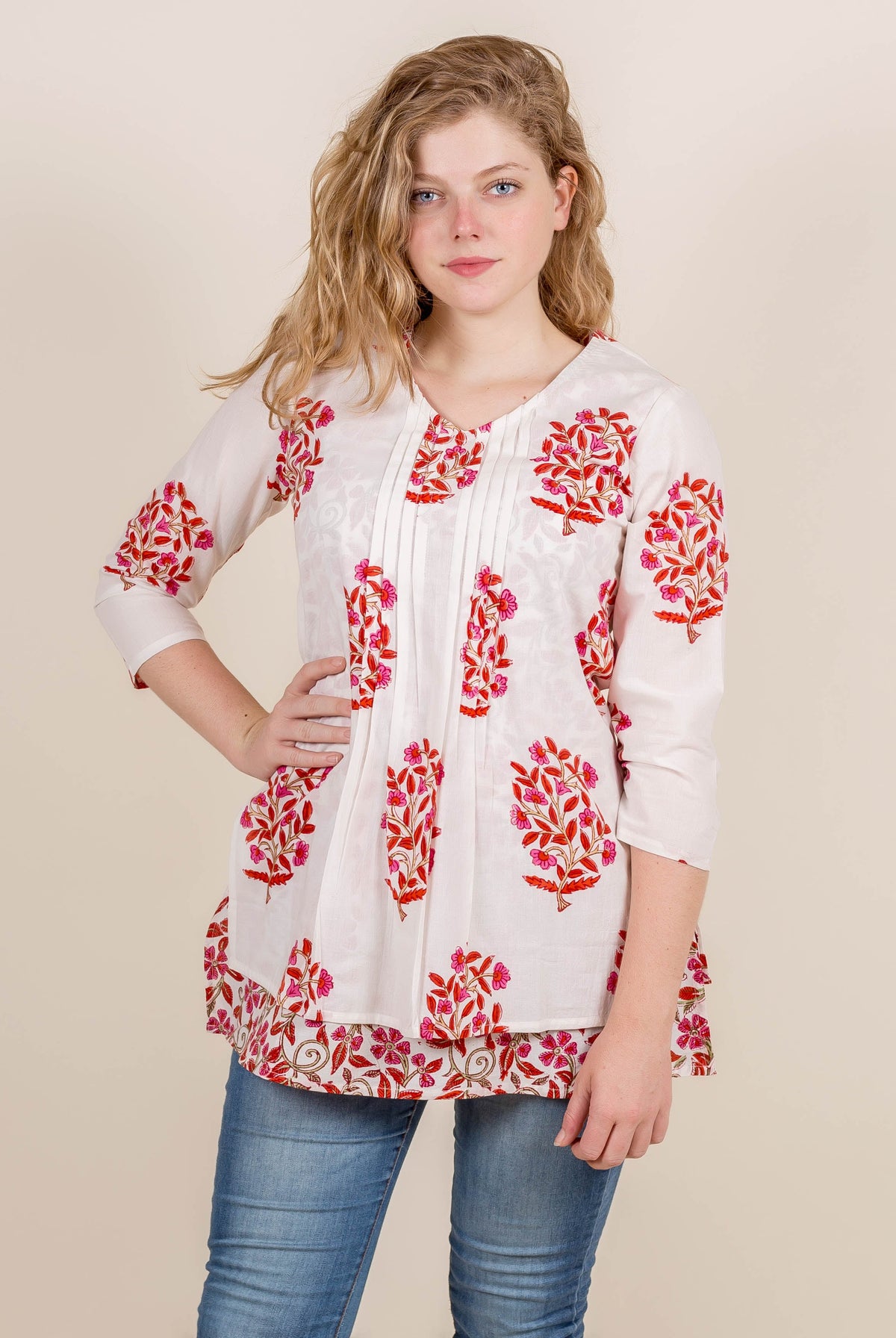 Red And Orange Hand Block Printed Double Layered Short Kurta