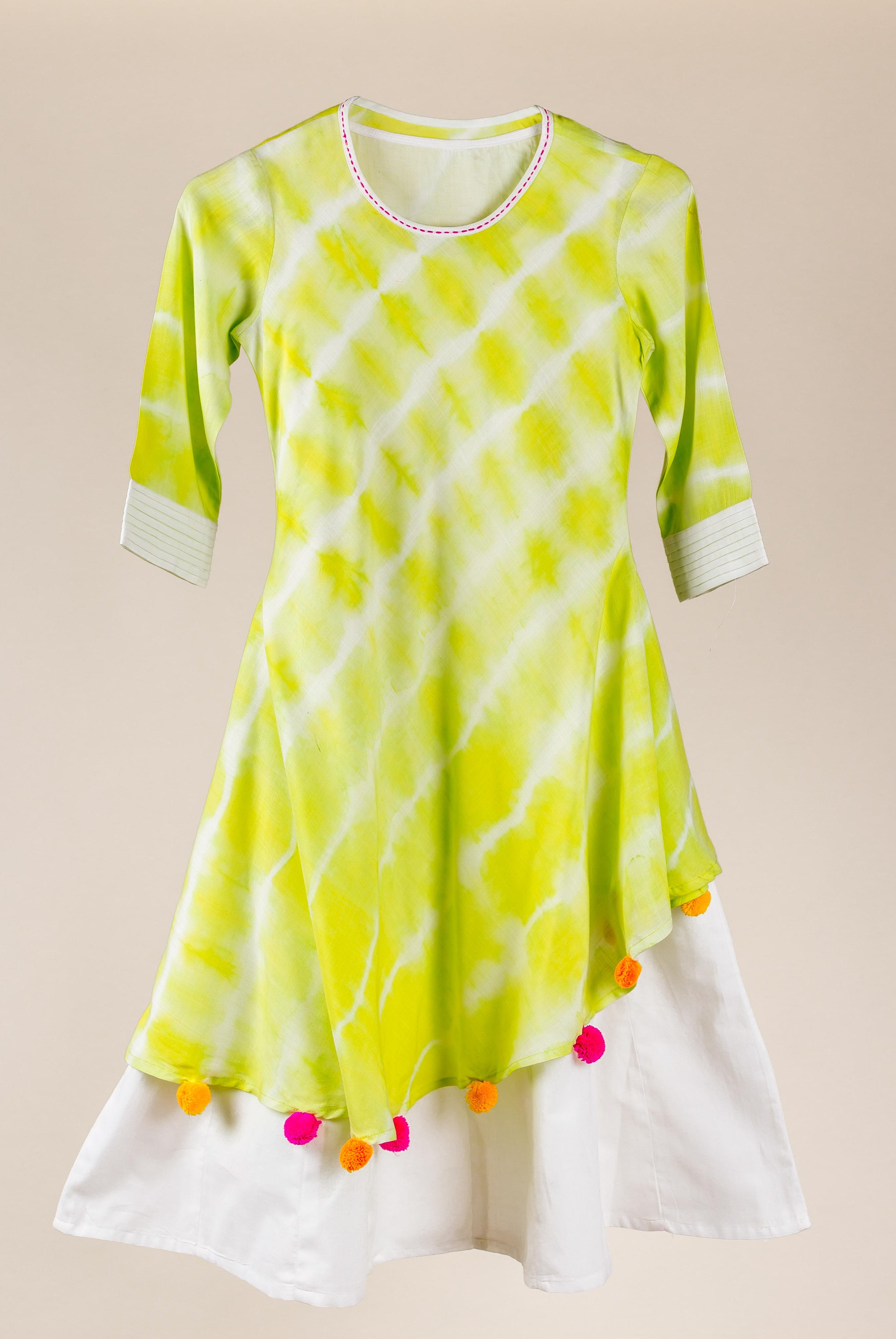 Lime And Green Cotton Tasseled Asymmetrical Kids Ethnic Wear Dress