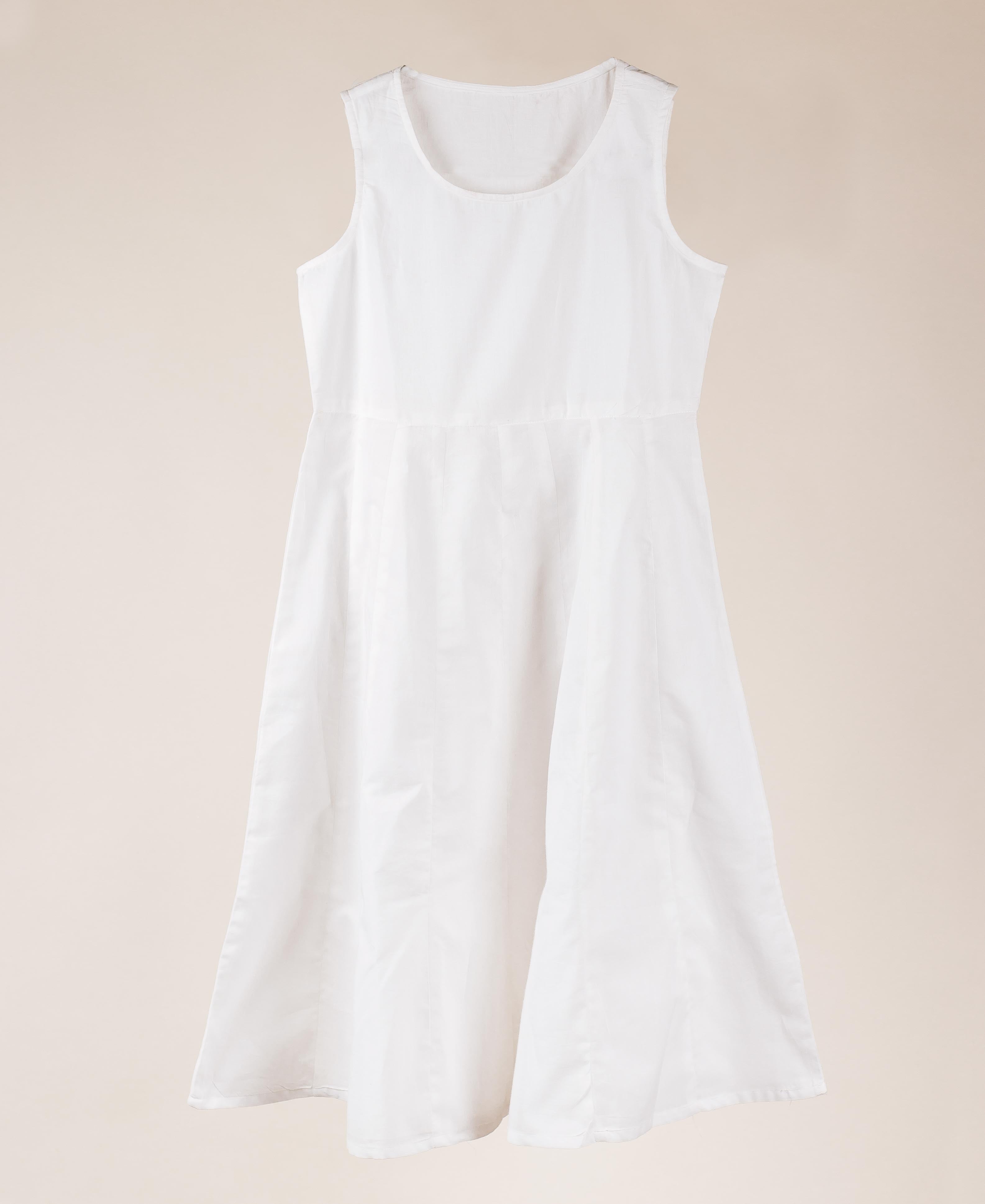 Flat lay front of a plain white sleeveless A-line midi dress with round neck.