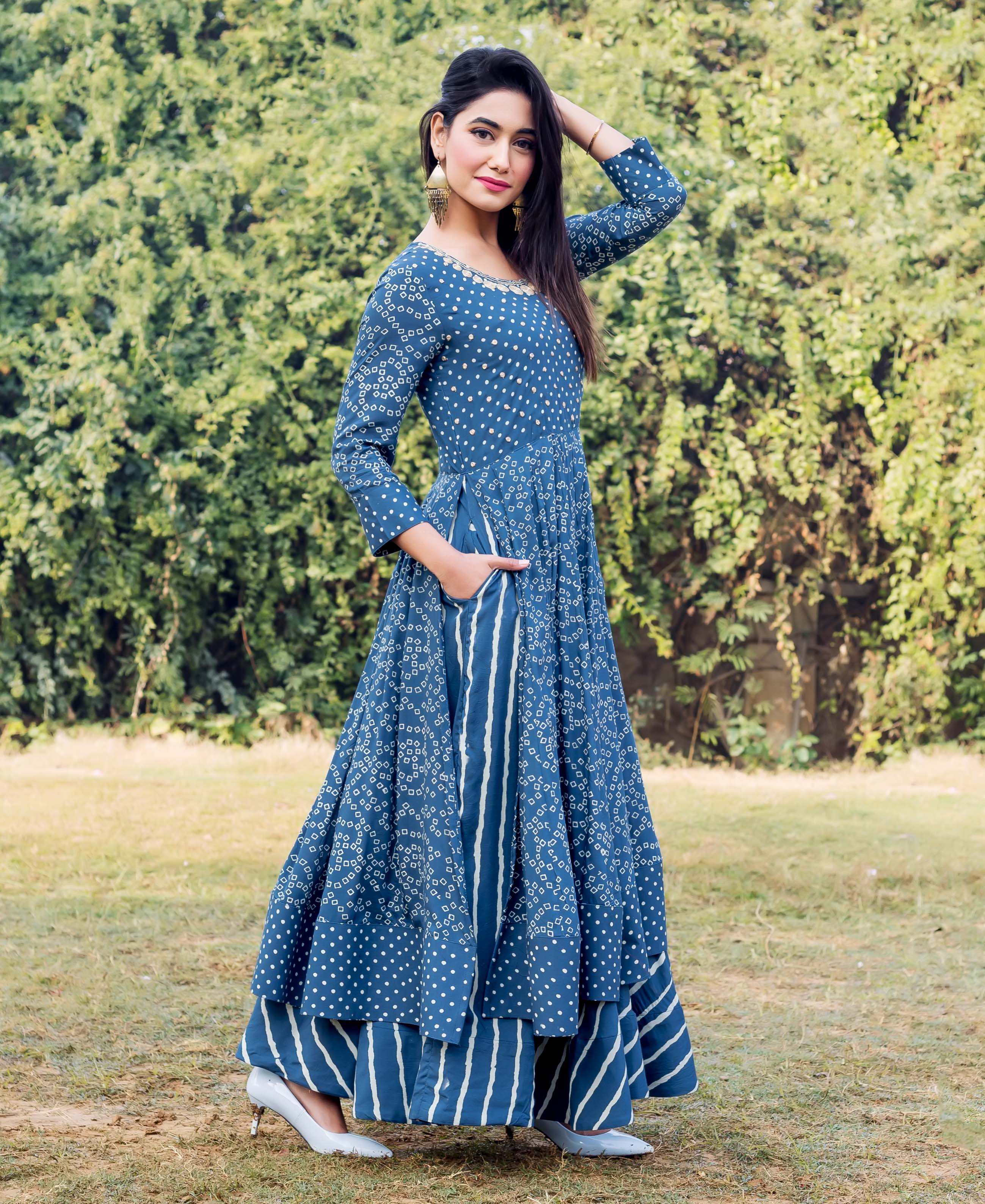 Full-length indigo and white printed embroidered layered dress on model.