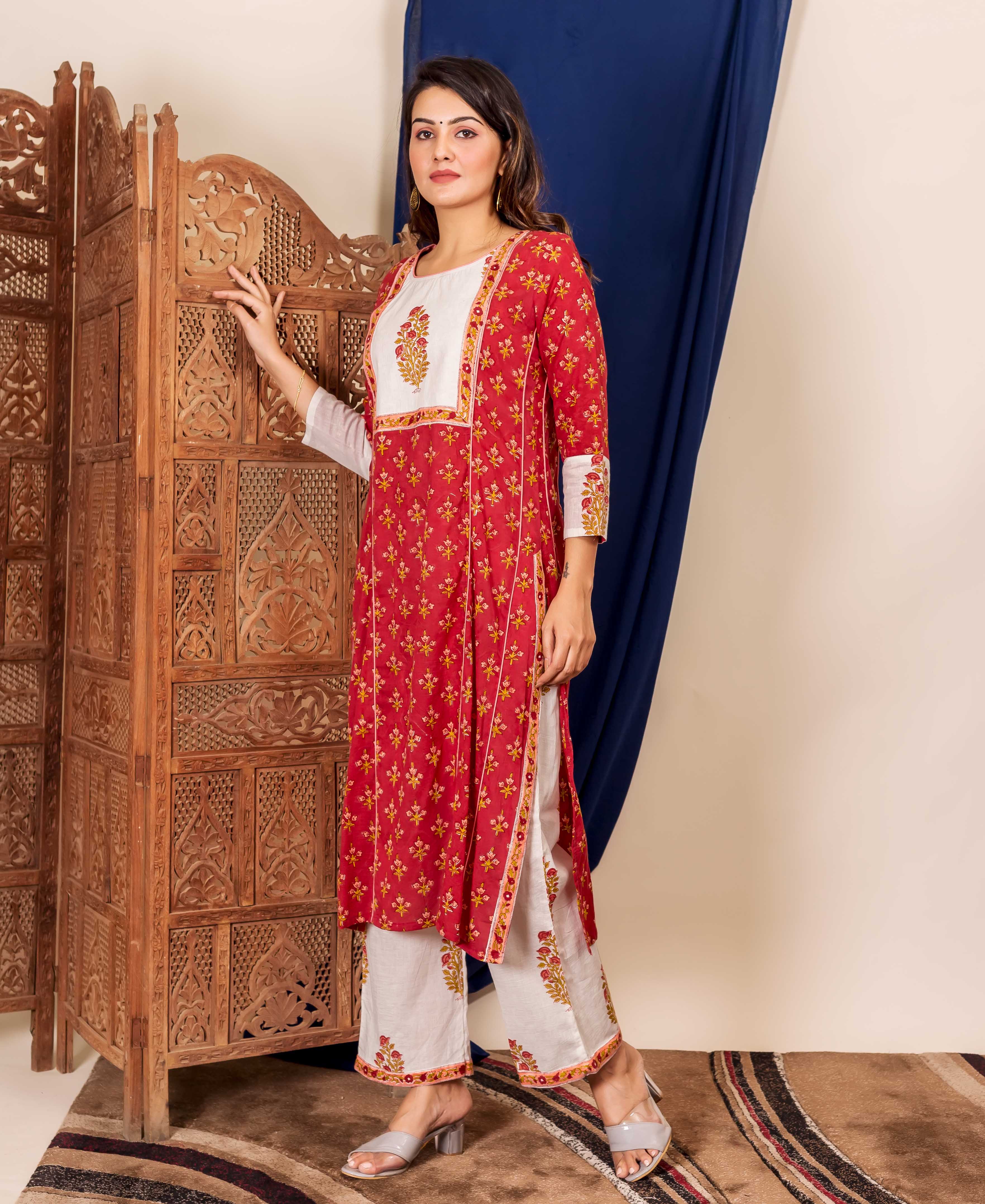 Full-length model in maroon and white hand-block-printed kurta set with peach accents.